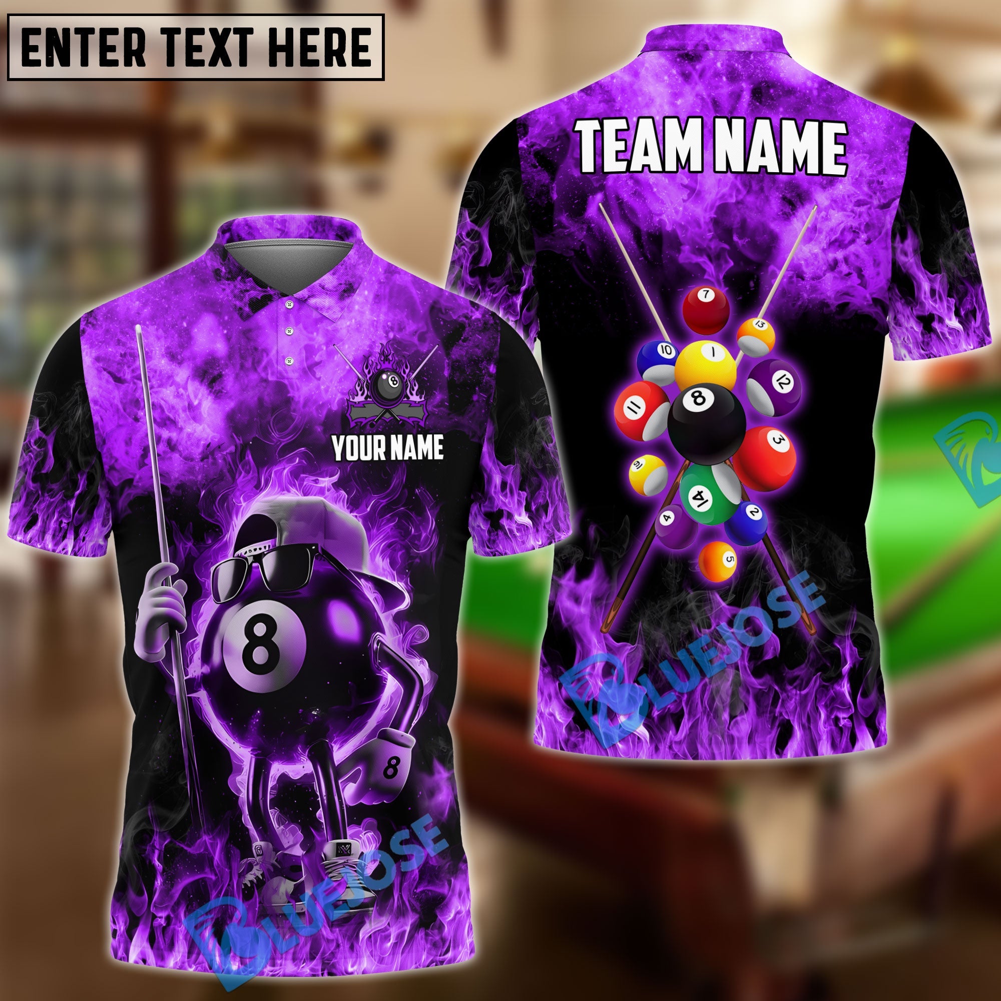BlueJose Billiards Funny Fire 8 Ball Personalized Name & Team Name Shirt (4 Colors)