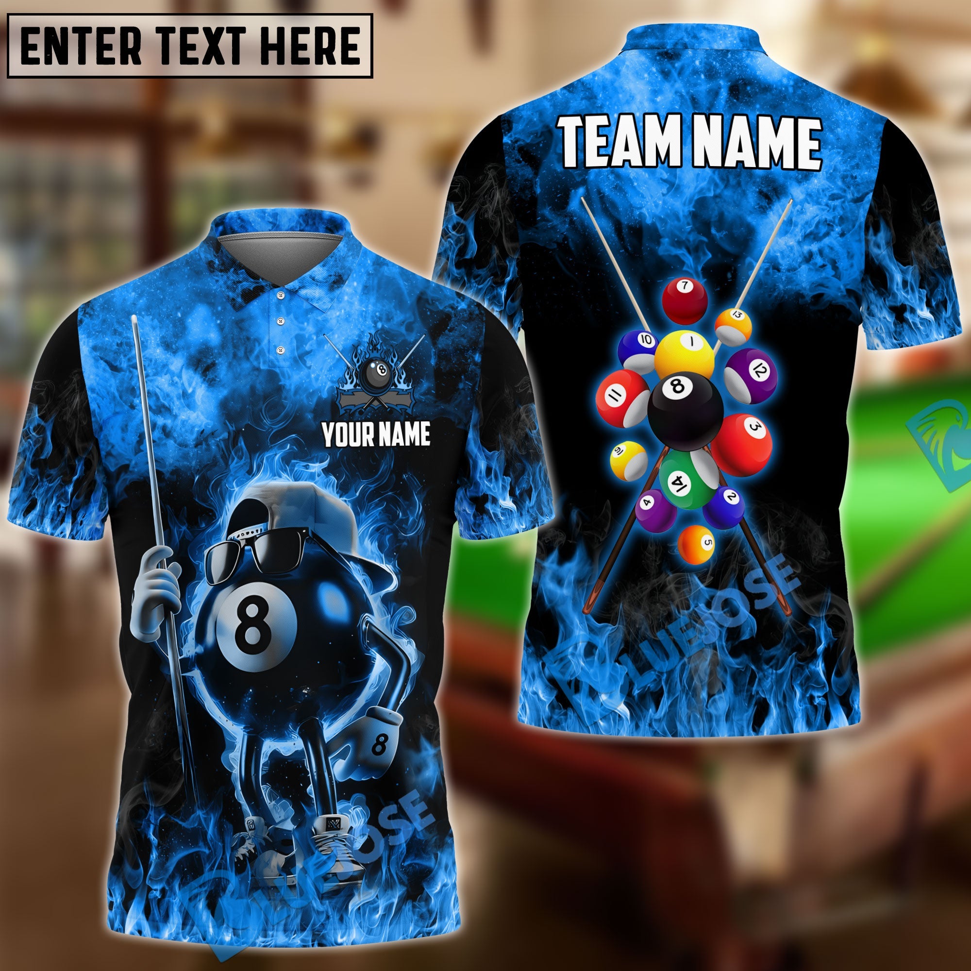 BlueJose Billiards Funny Fire 8 Ball Personalized Name & Team Name Shirt (4 Colors)