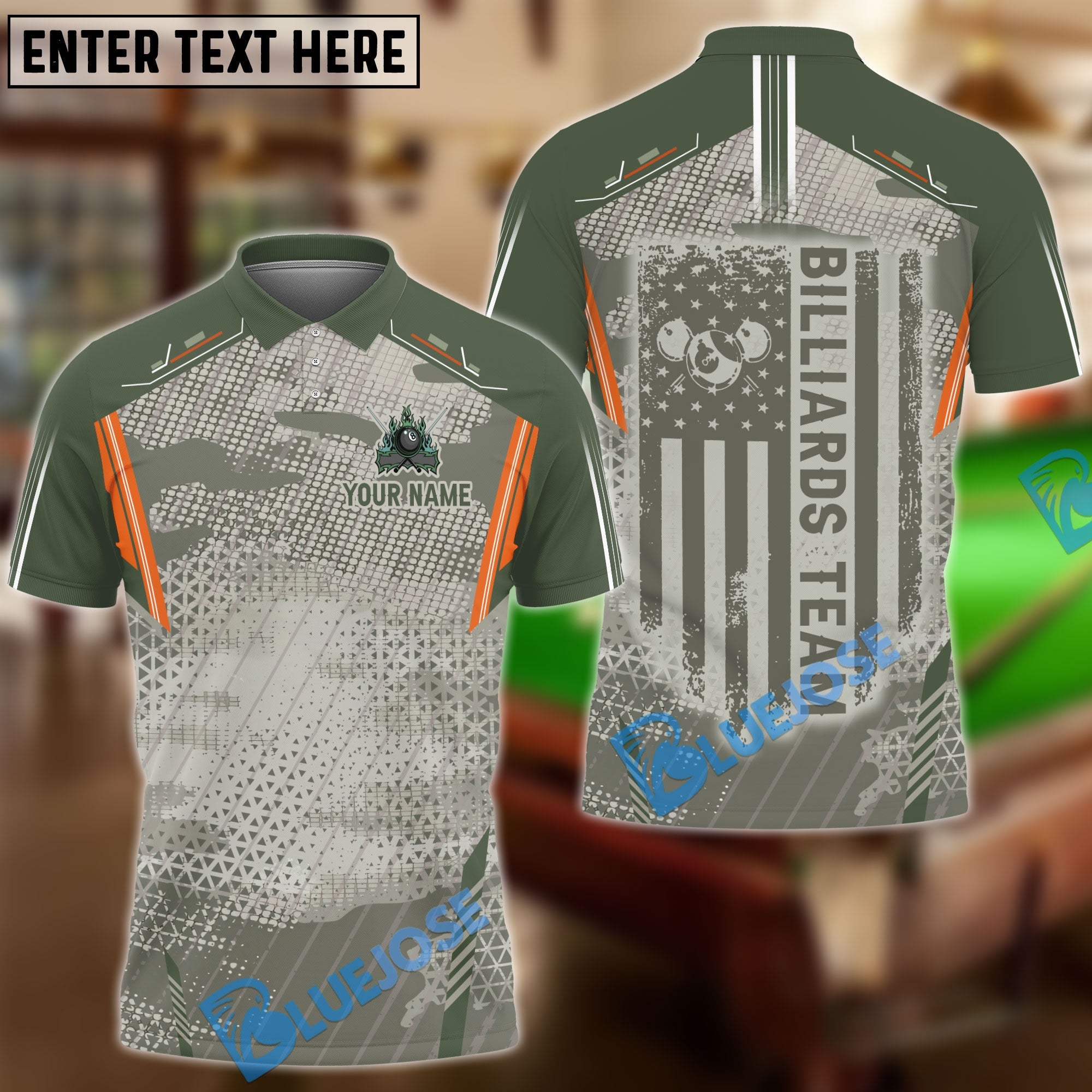 BlueJose Billiards Ball 8 Pool Fire Camo Personalized Name & Team Name Shirt (4 Colors)
