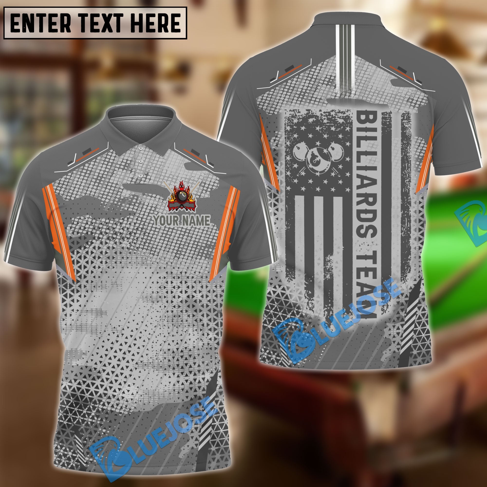 BlueJose Billiards Ball 8 Pool Fire Camo Personalized Name & Team Name Shirt (4 Colors)