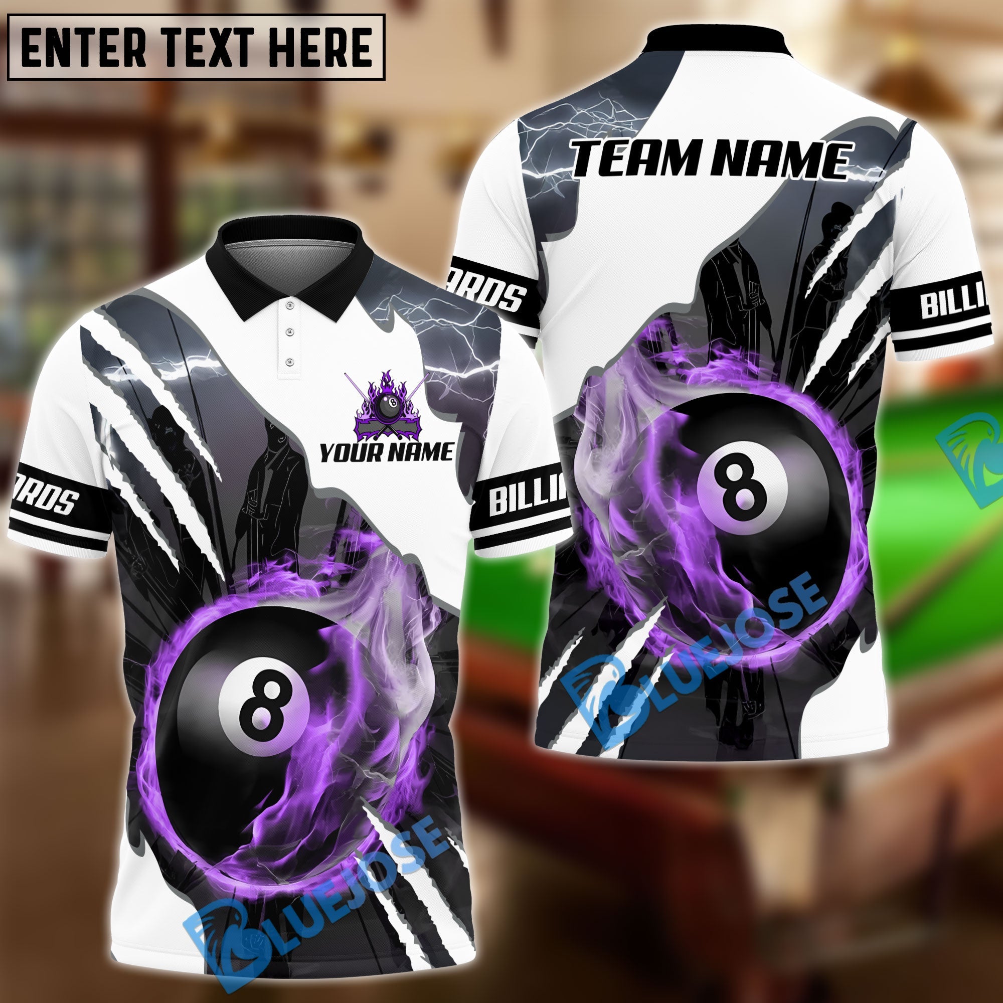 BlueJose Billiards Ball 8 Pool Fire Lightning Scratch Personalized Name & Team Name Shirt (4 Colors)