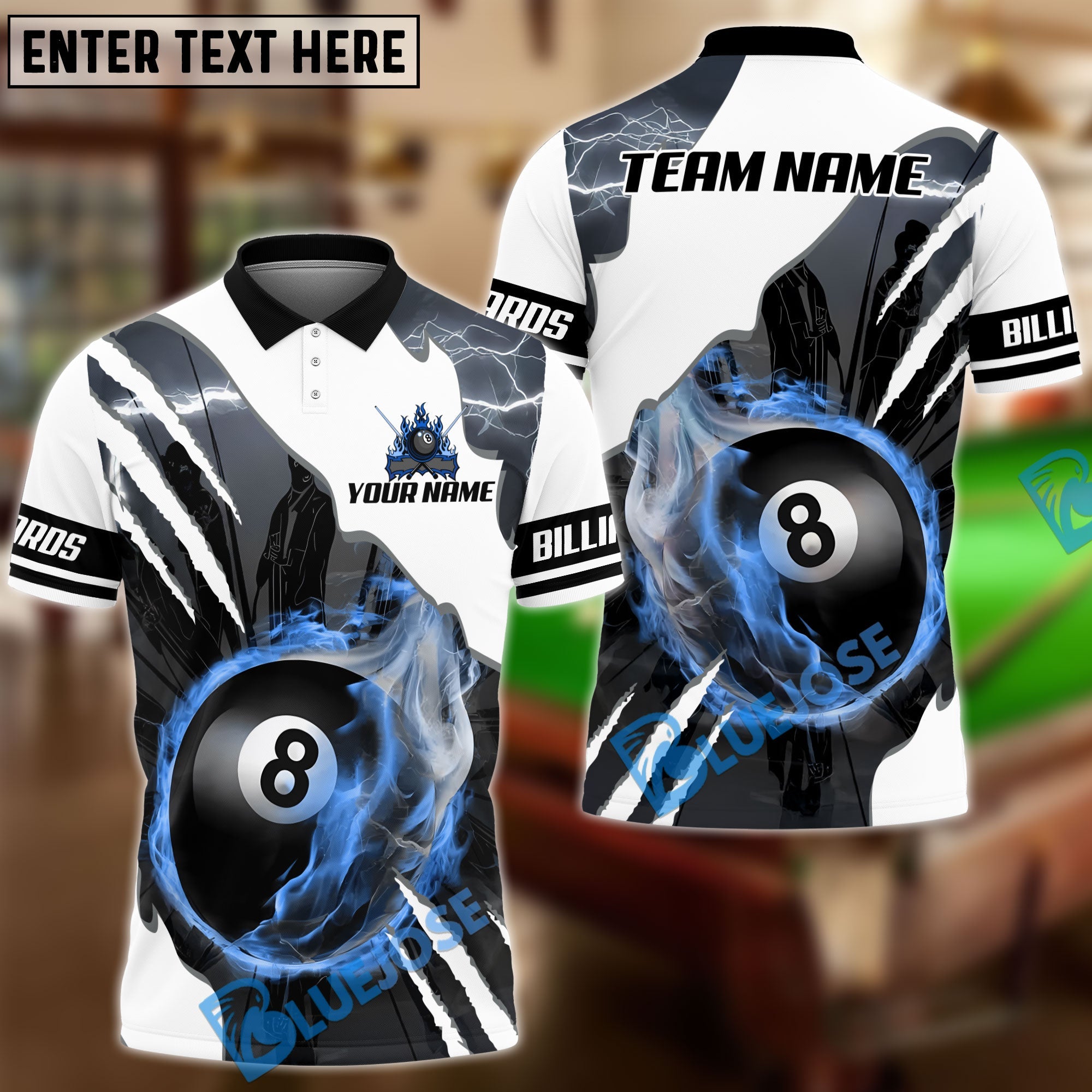 BlueJose Billiards Ball 8 Pool Fire Lightning Scratch Personalized Name & Team Name Shirt (4 Colors)