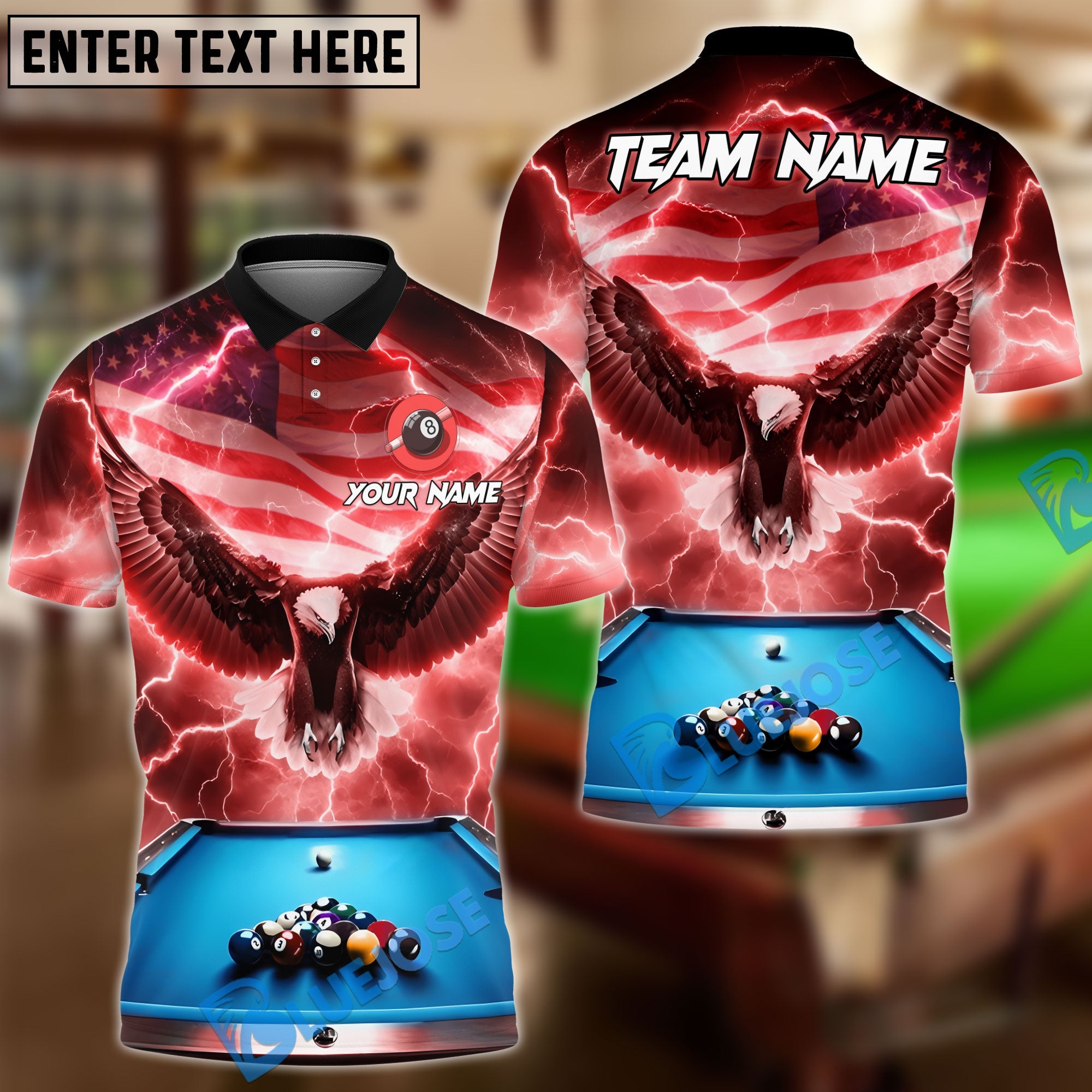 BlueJose Billiards Ball 8 Pool American Eagle Thunder Personalized Name & Team Name Shirt (4 Colors)