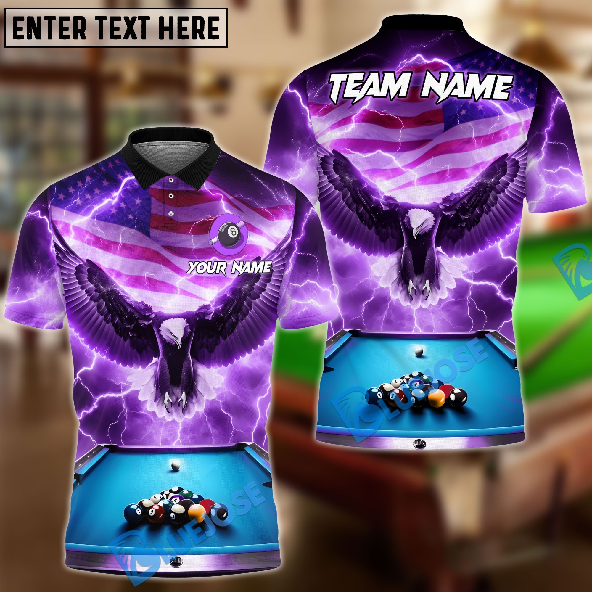 BlueJose Billiards Ball 8 Pool American Eagle Thunder Personalized Name & Team Name Shirt (4 Colors)
