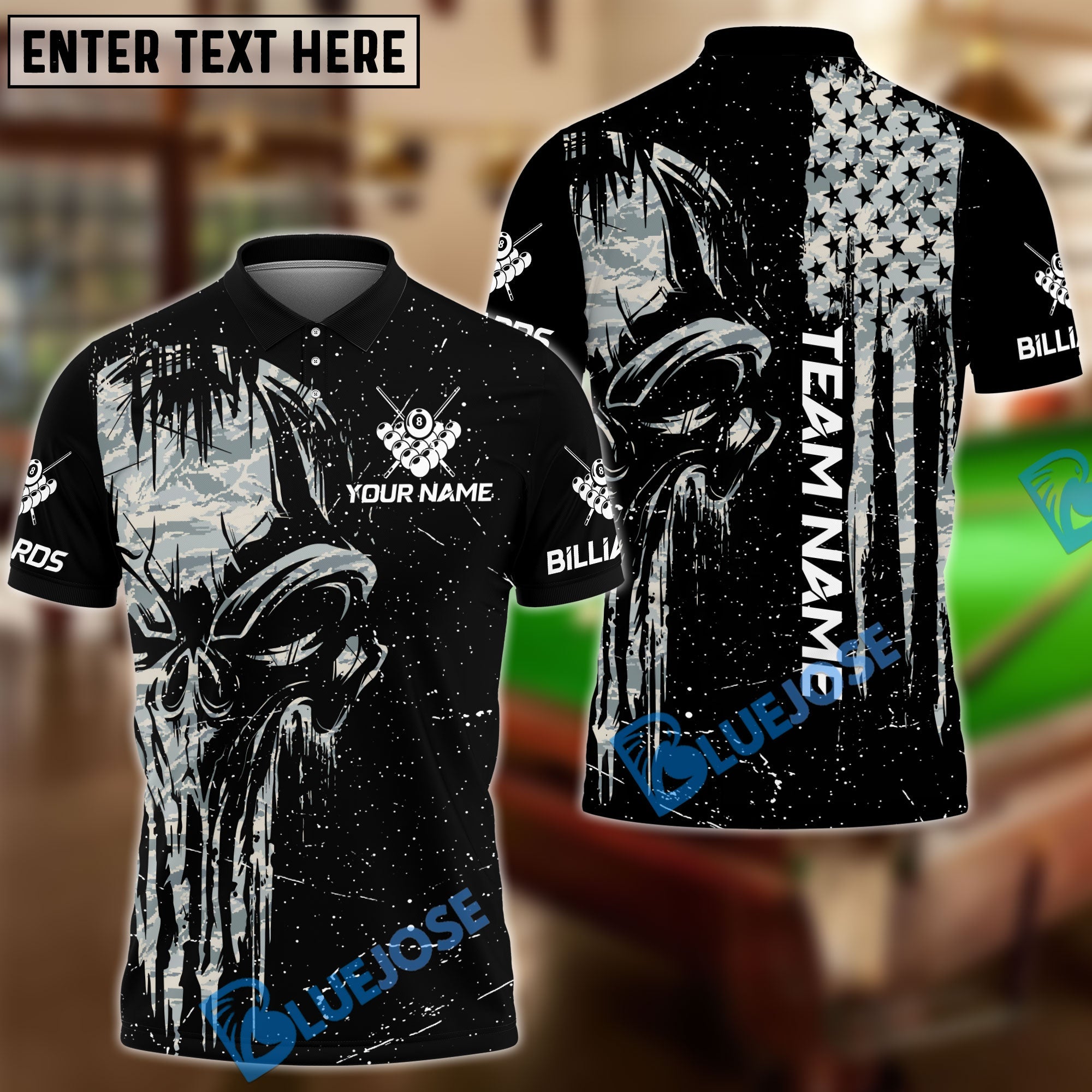 BlueJose Billiards Ball 8 Camo Punisher Skull Personalized Name & Team Name Shirt (4 Colors)