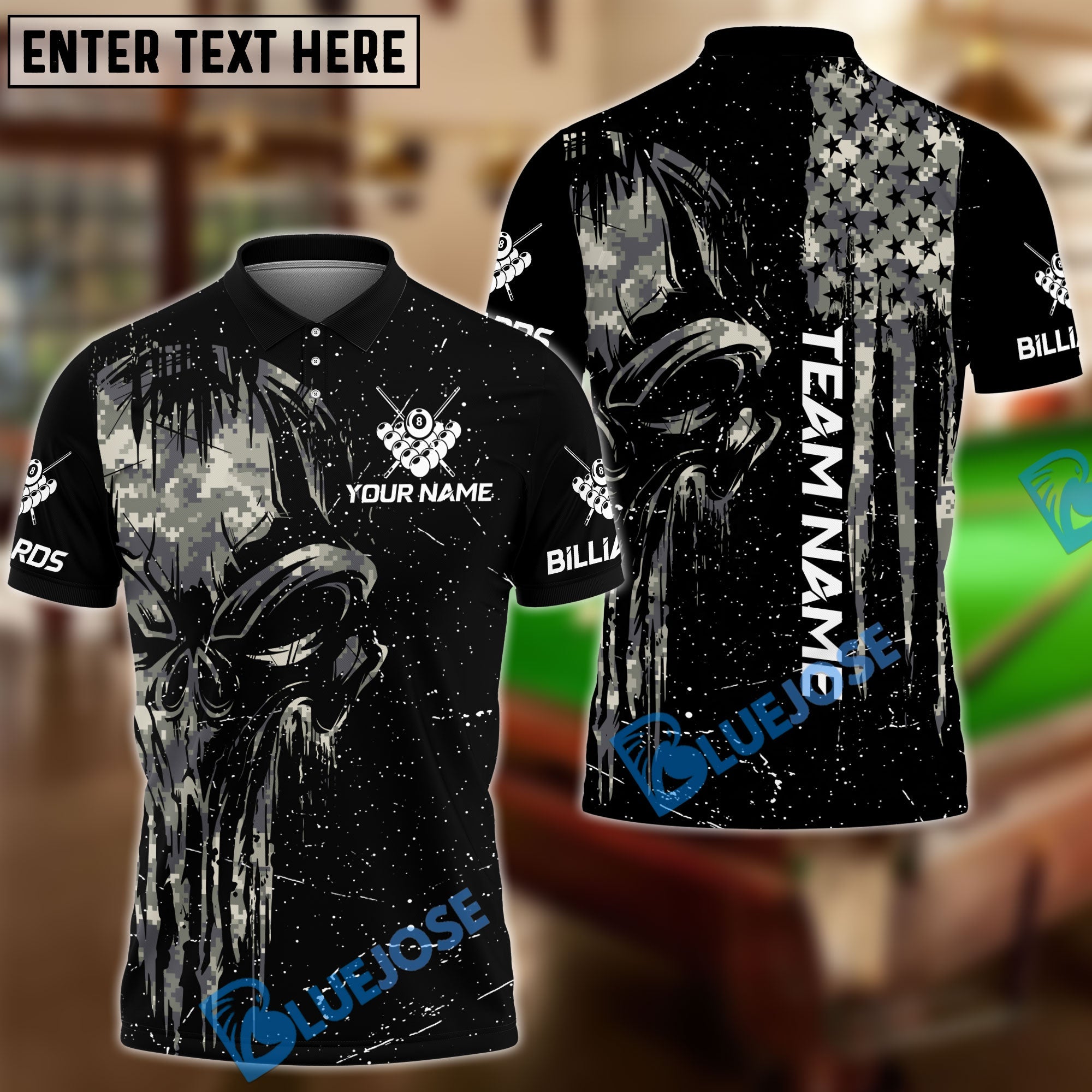 BlueJose Billiards Ball 8 Camo Punisher Skull Personalized Name & Team Name Shirt (4 Colors)