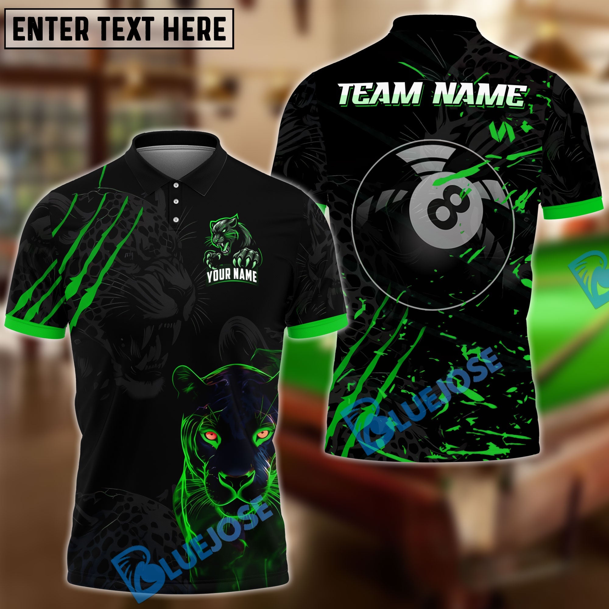 BlueJose Billiards Ball 8 Leopard Panther Personalized Name & Team Name Shirt (4 Colors)