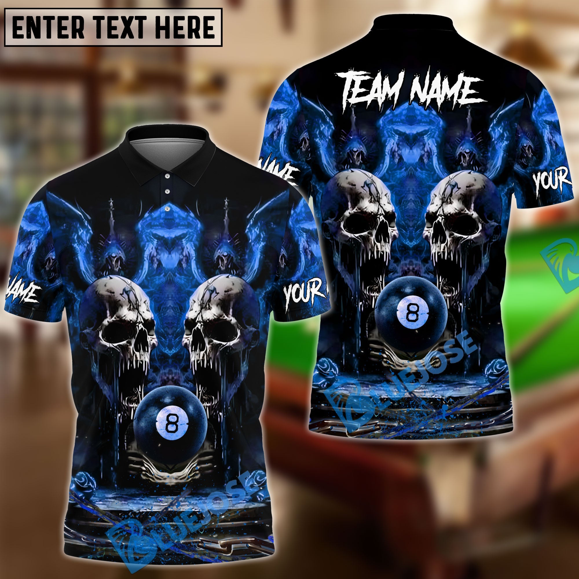 BlueJose Billiards Ball 8 Hell Throne Personalized Name & Team Name Shirt (4 Colors)