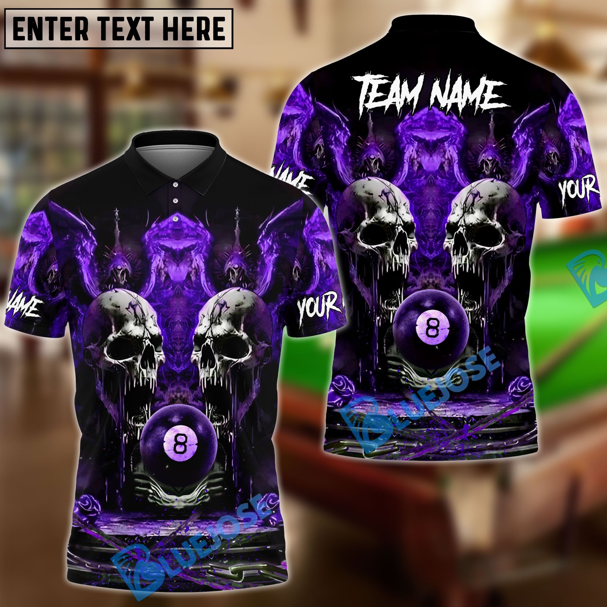 BlueJose Billiards Ball 8 Hell Throne Personalized Name & Team Name Shirt (4 Colors)