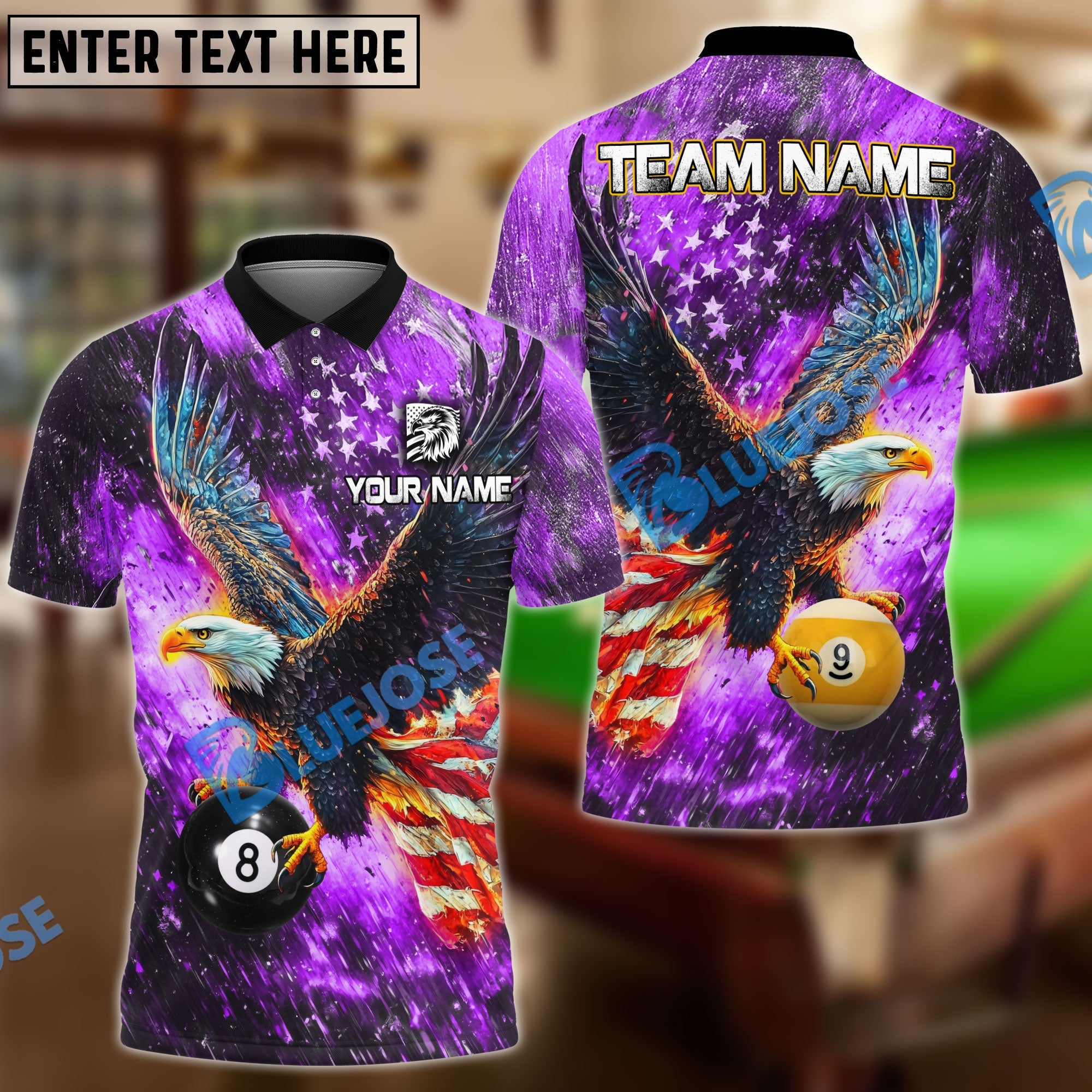 BlueJose Billiards Ball 8 & Ball 9 Sky Eagle US Flag Personalized Name & Team Name Shirt (4 Colors)