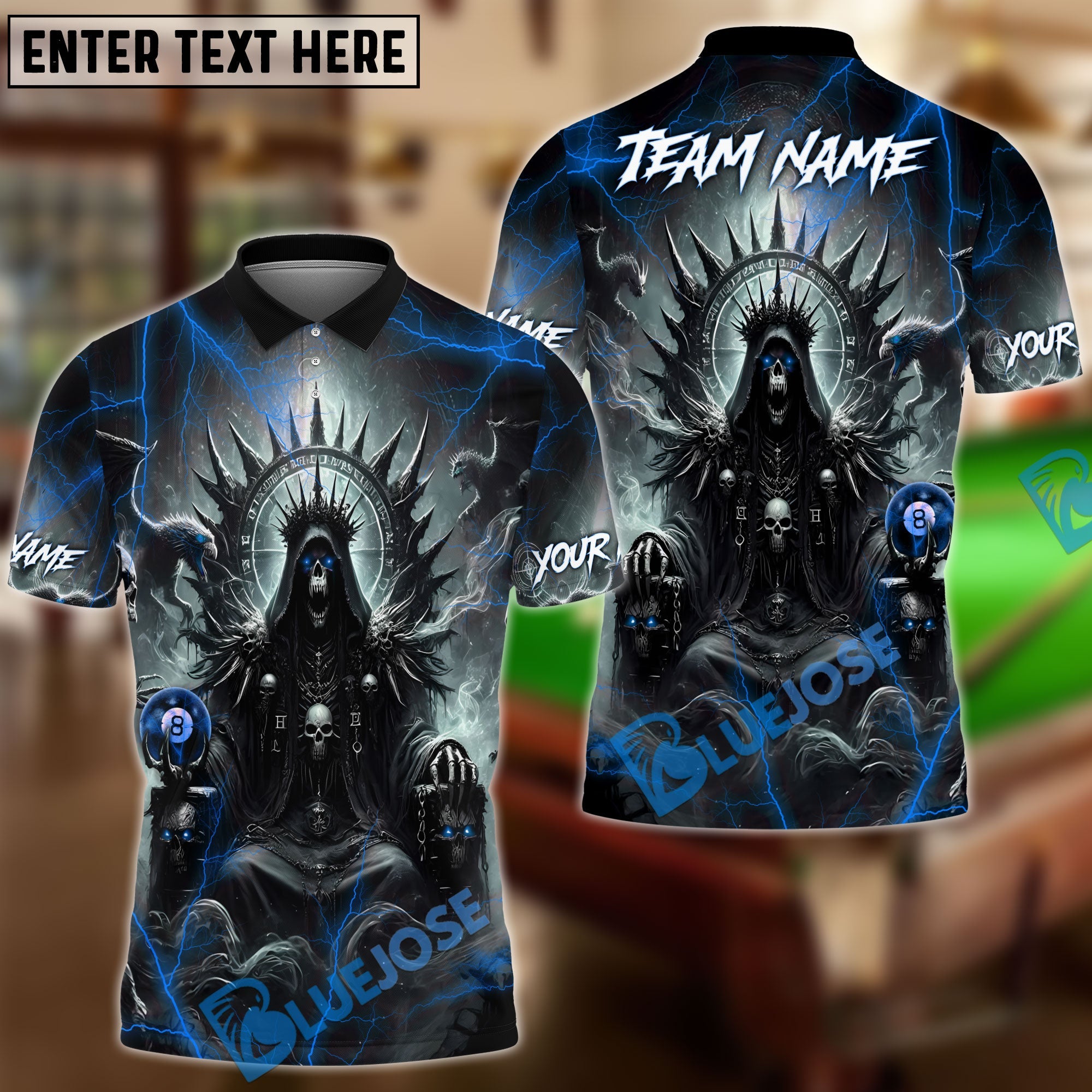 BlueJose Billiards Ball 8 Pool Skull Hell Throne Personalized Name & Team Name Shirt (4 Colors)