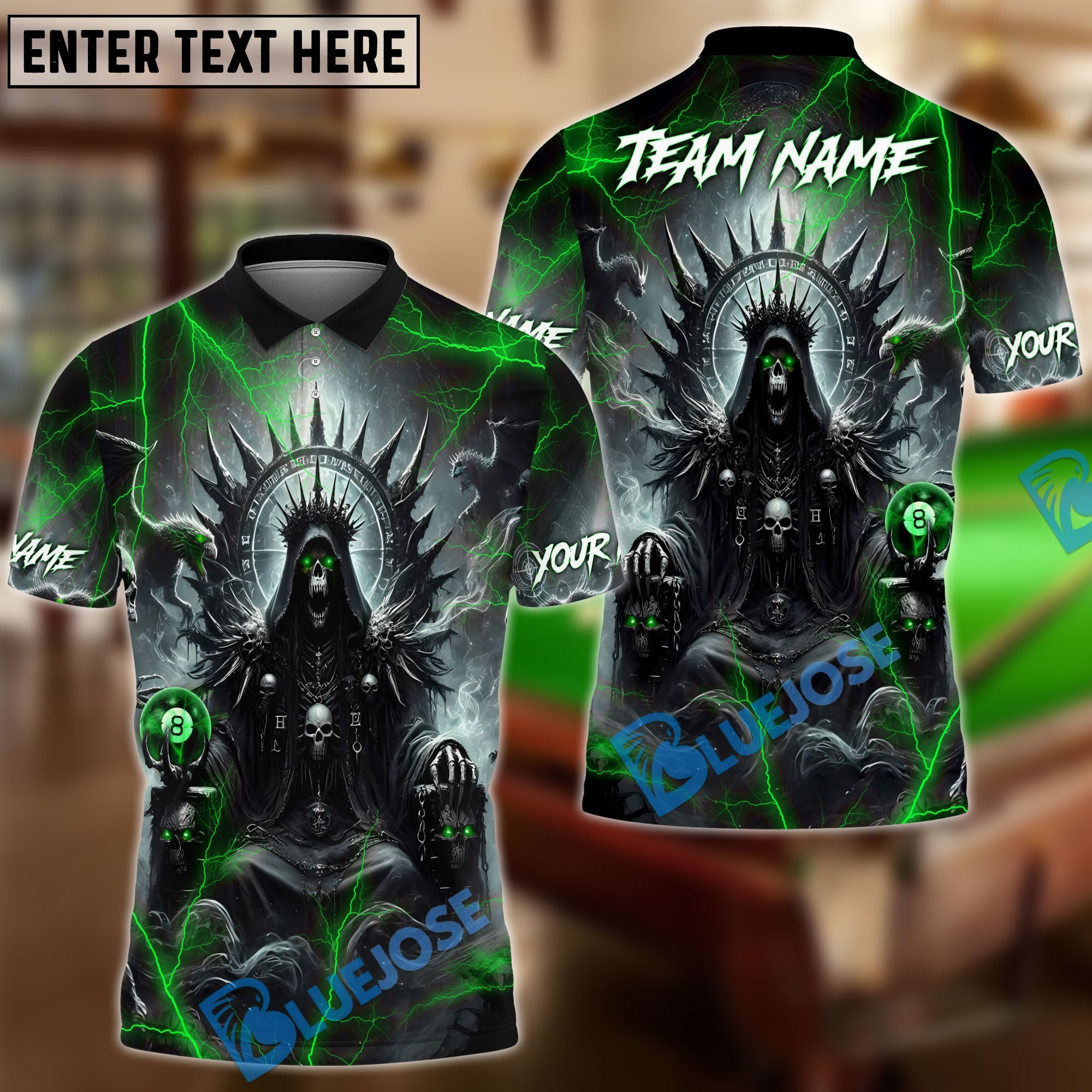 BlueJose Billiards Ball 8 Pool Skull Hell Throne Personalized Name & Team Name Shirt (4 Colors)