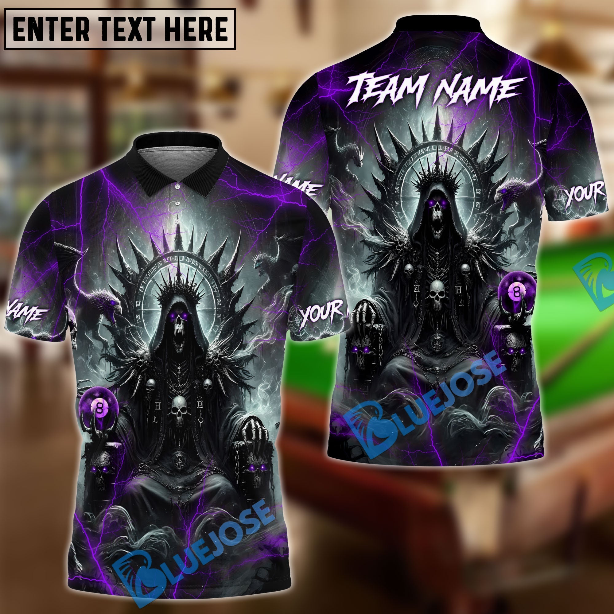 BlueJose Billiards Ball 8 Pool Skull Hell Throne Personalized Name & Team Name Shirt (4 Colors)