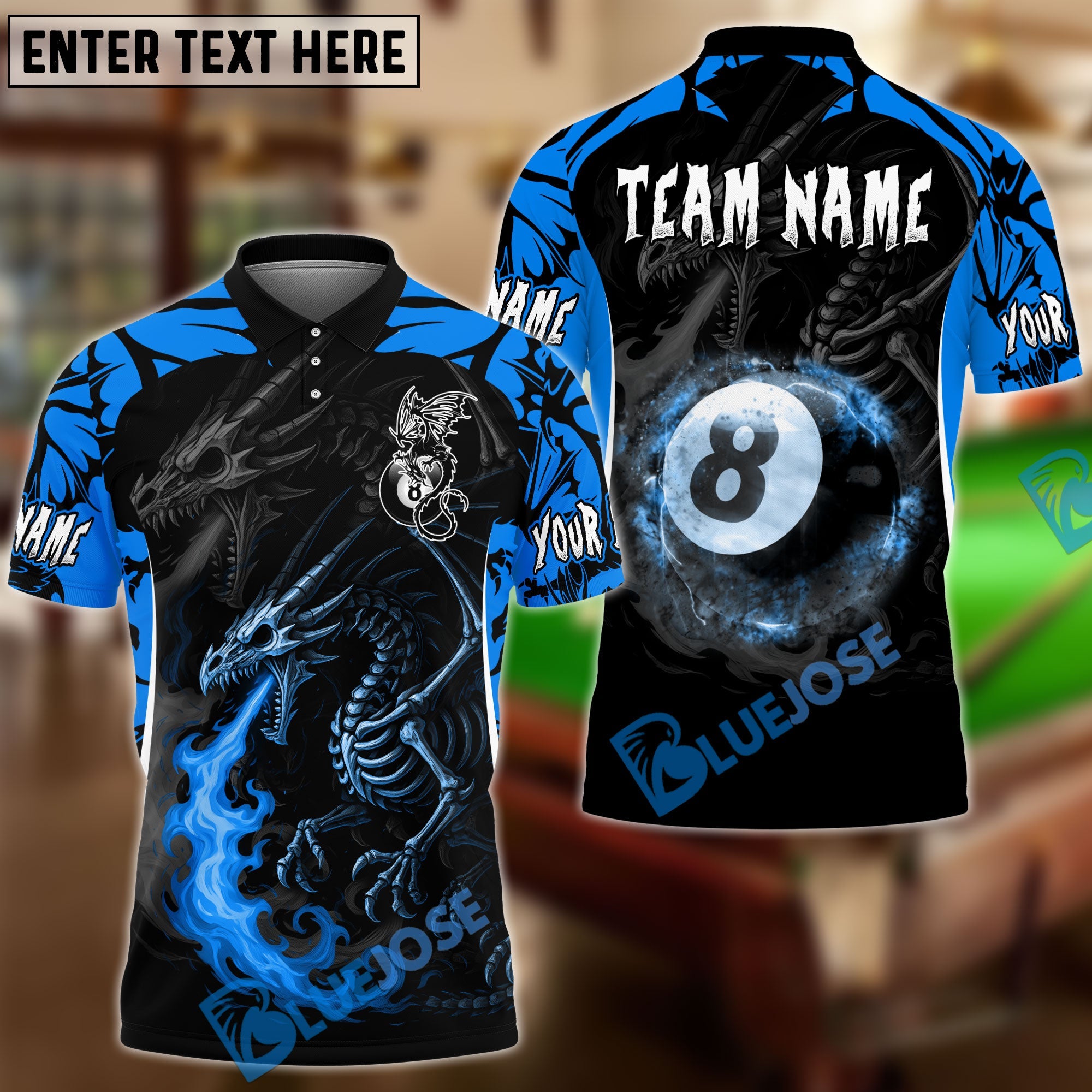 BlueJose Billiards Ball 8 Skeleton Dragon Personalized Name & Team Name Shirt (4 Colors)
