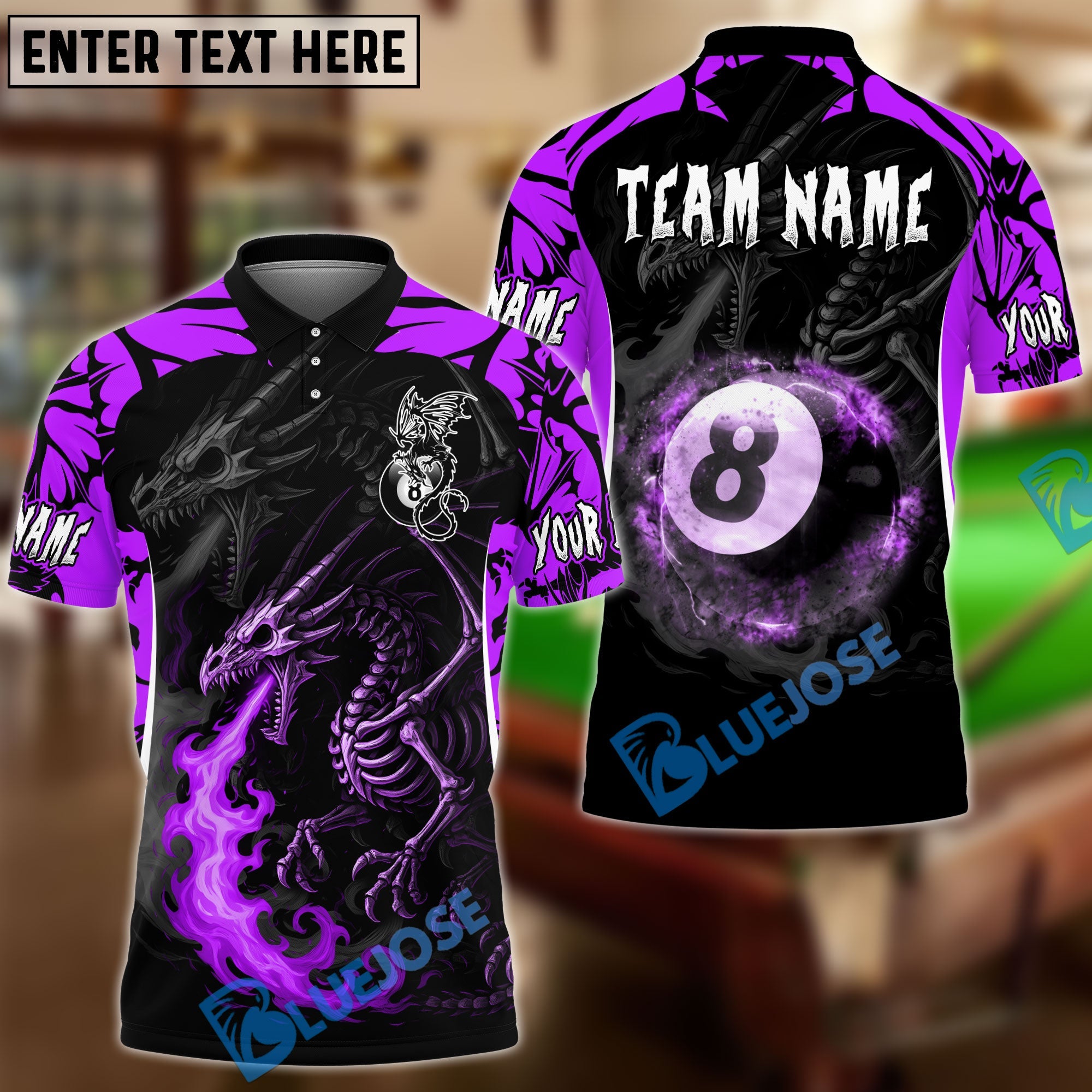 BlueJose Billiards Ball 8 Skeleton Dragon Personalized Name & Team Name Shirt (4 Colors)