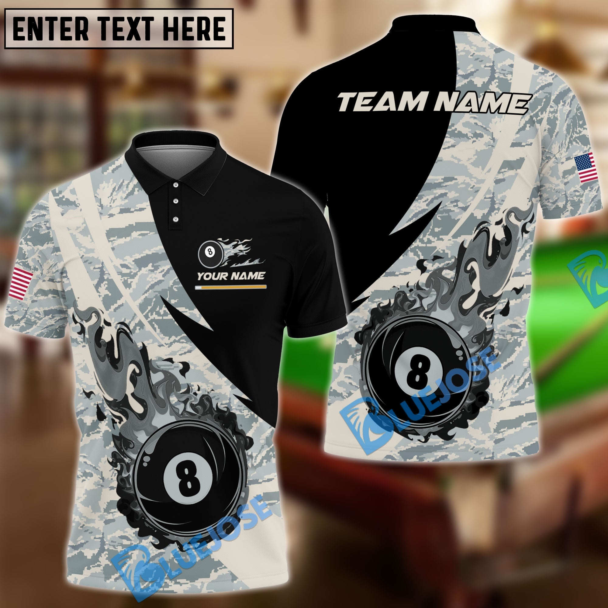 BlueJose Billiards Ball 8 Flame Camo Personalized Name Shirt (4 Colors)