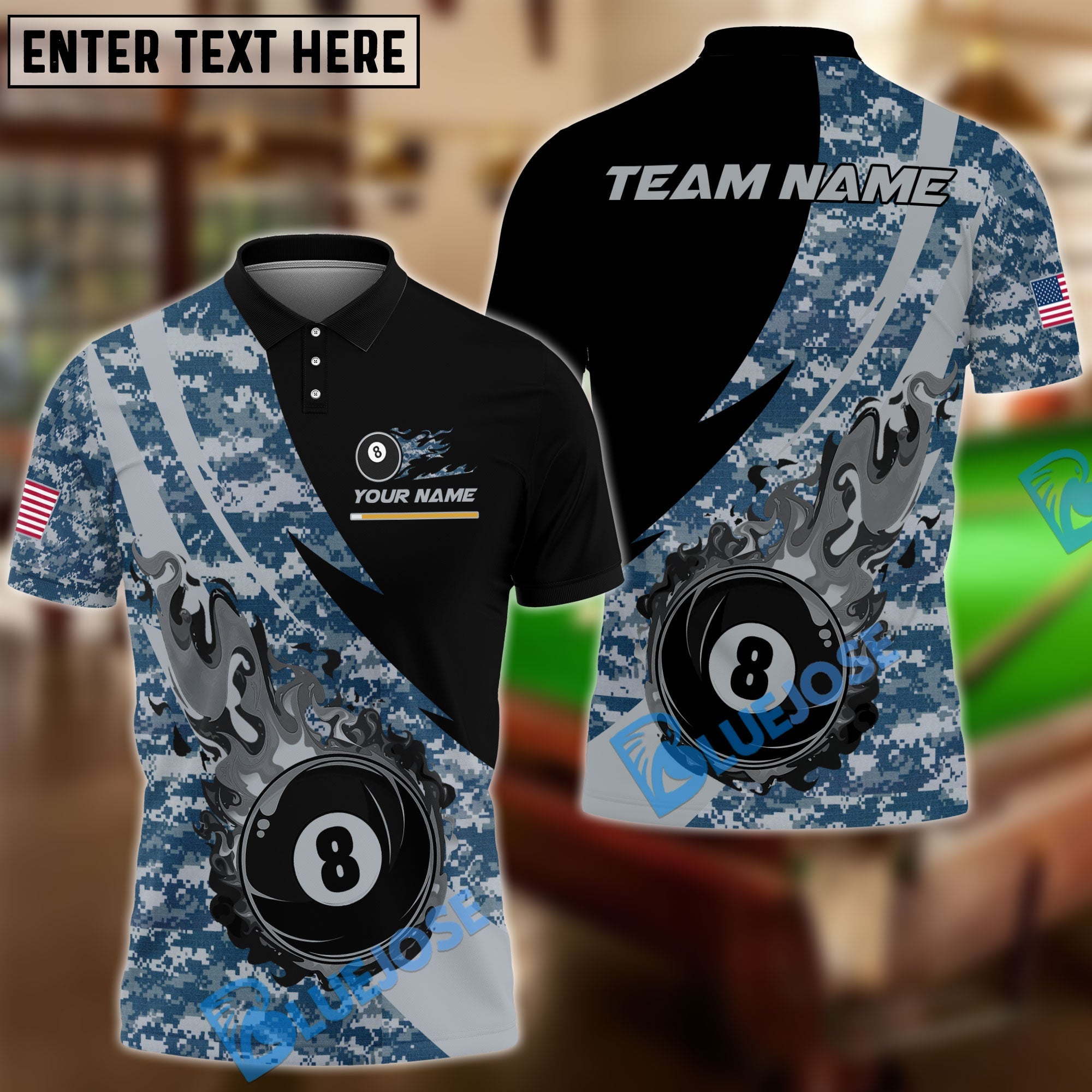 BlueJose Billiards Ball 8 Flame Camo Personalized Name Shirt (4 Colors)