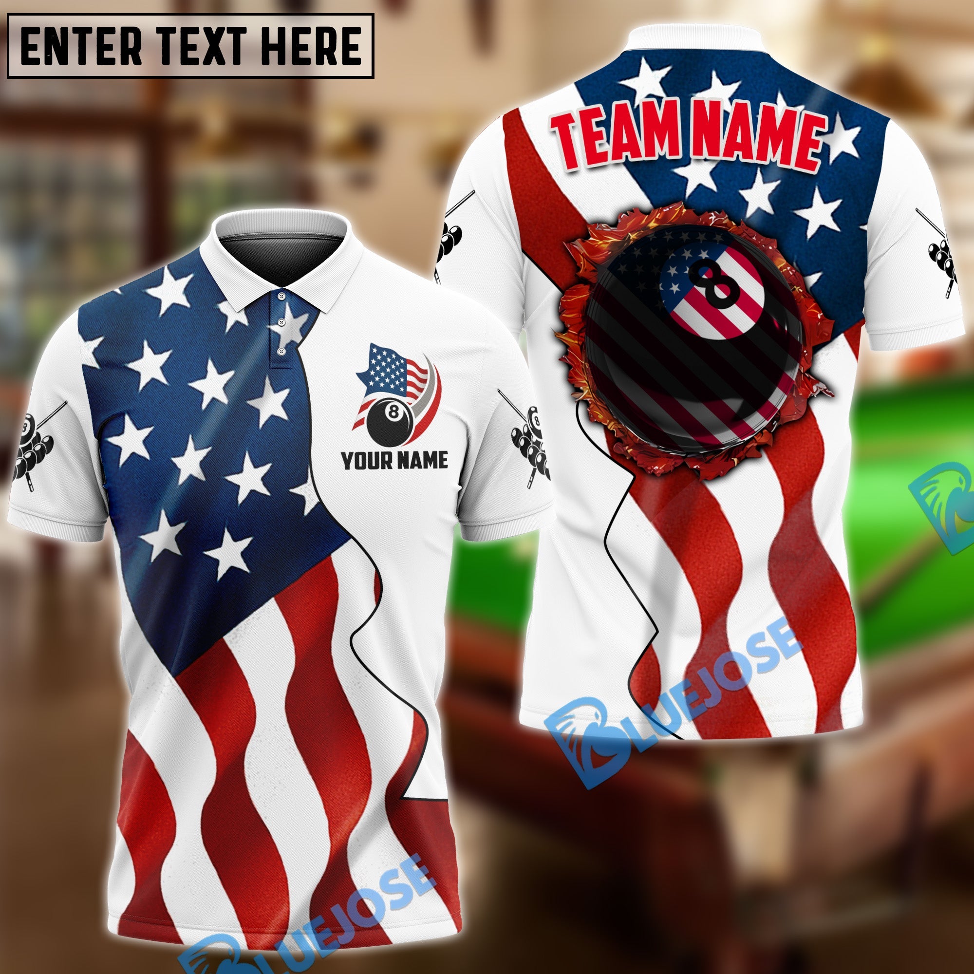 BlueJose Billiards Ball 8 Fire American Flag Personalized Name, Team Name Unisex Shirt