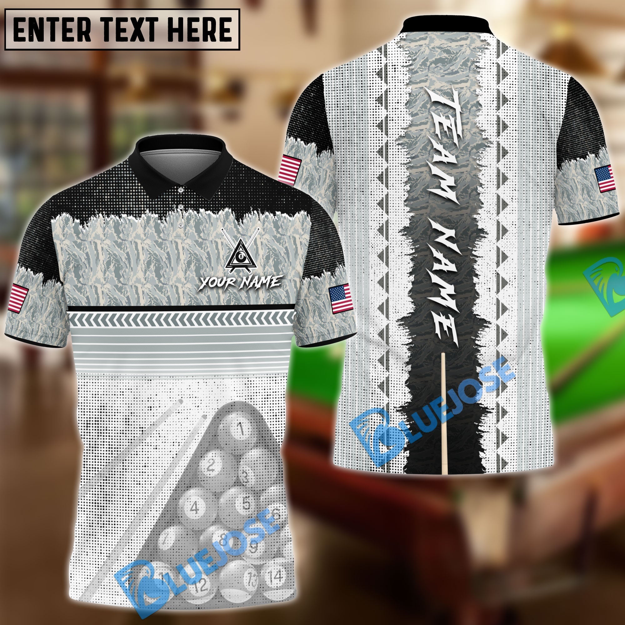 BlueJose Billiards 8 Ball Pool Camo Stick Personalized Name Shirt (4 Colors)