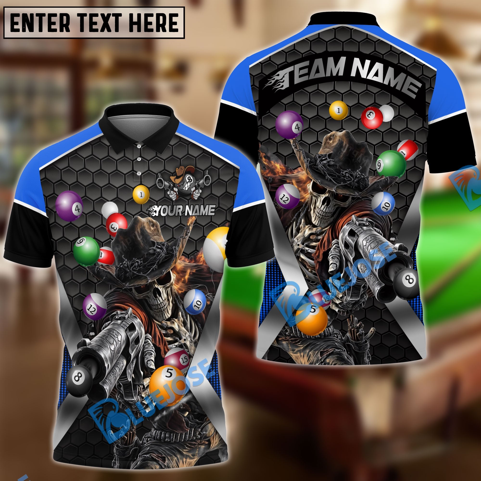 BlueJose Billiards Ball 8 Skull Gunslinger Personalized Name Shirt For Kids (4 Colors)