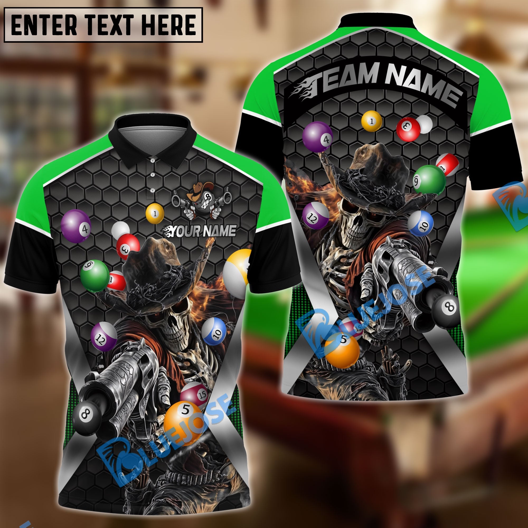 BlueJose Billiards Ball 8 Skull Gunslinger Personalized Name Shirt For Kids (4 Colors)