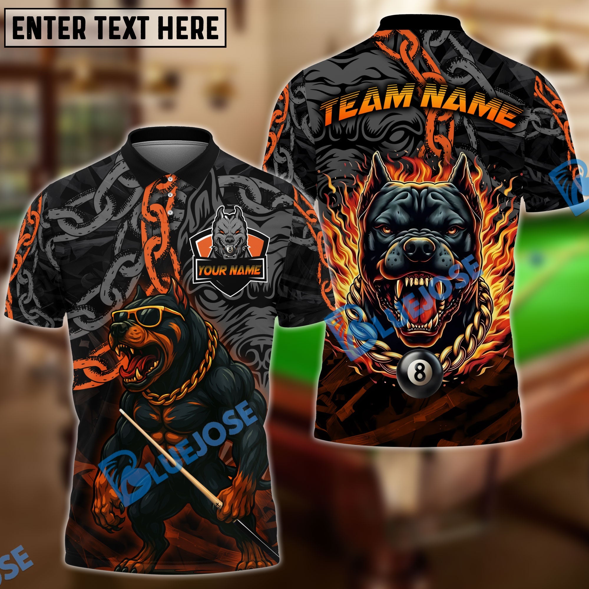 BlueJose Billiards 8-Ball Pitbull Flame Chain Personalized Name Shirt (4 Colors)
