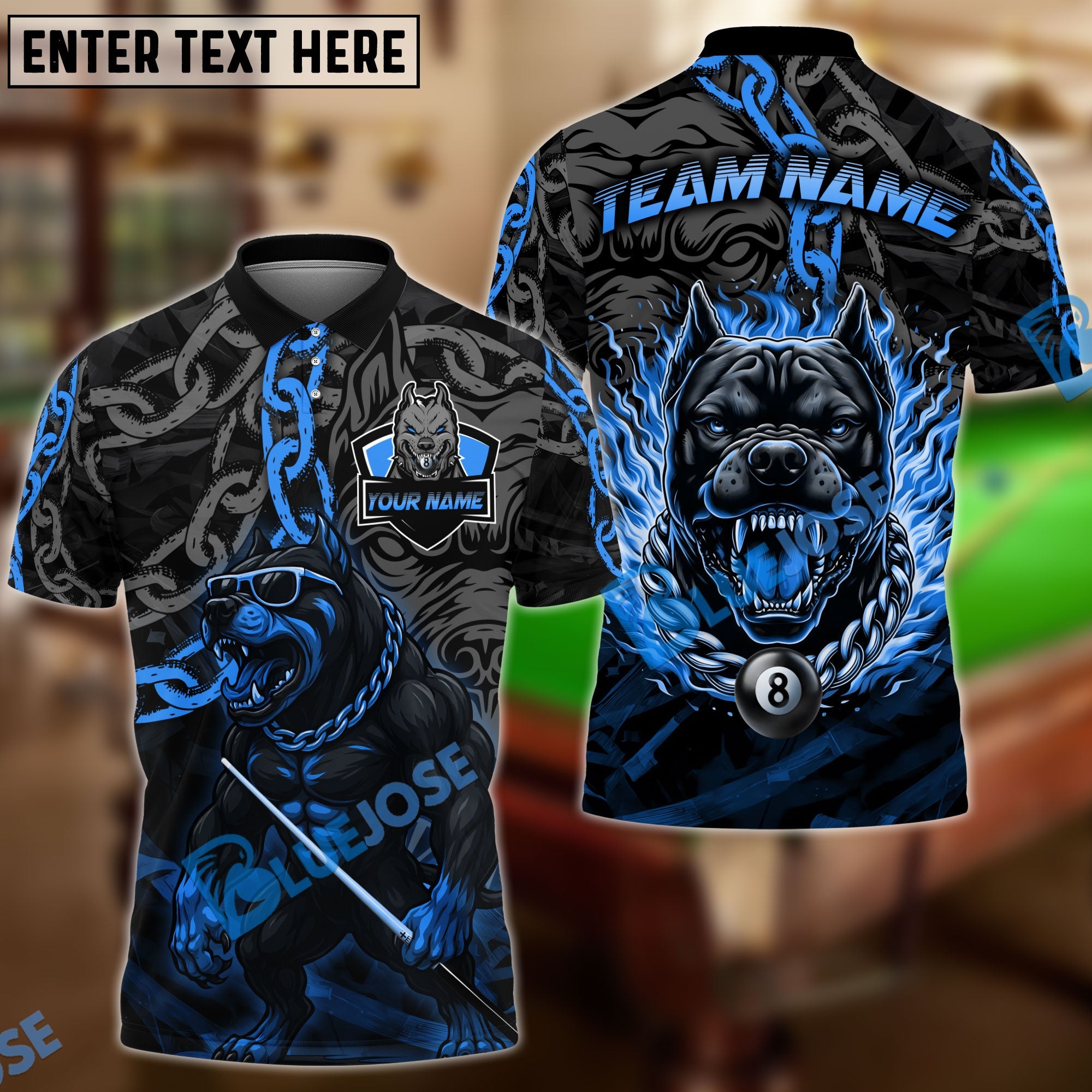 BlueJose Billiards 8-Ball Pitbull Flame Chain Personalized Name Shirt (4 Colors)