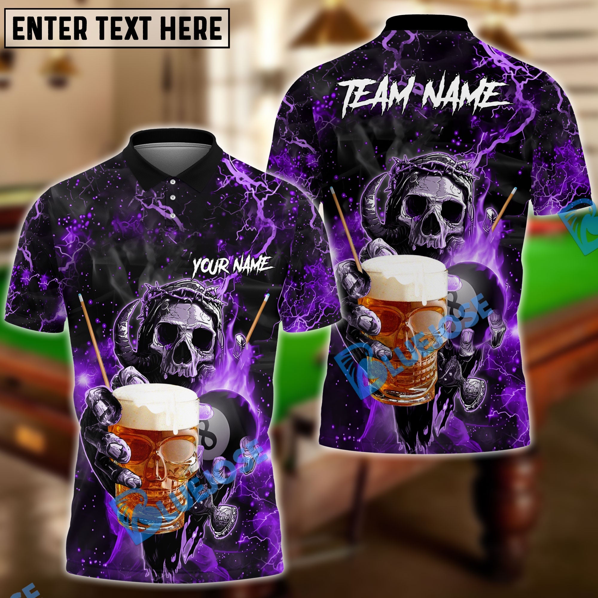BlueJose Billiards Ball 8 Fire Skull Beer Personalized Name, Team Name Shirt (6 Colors)