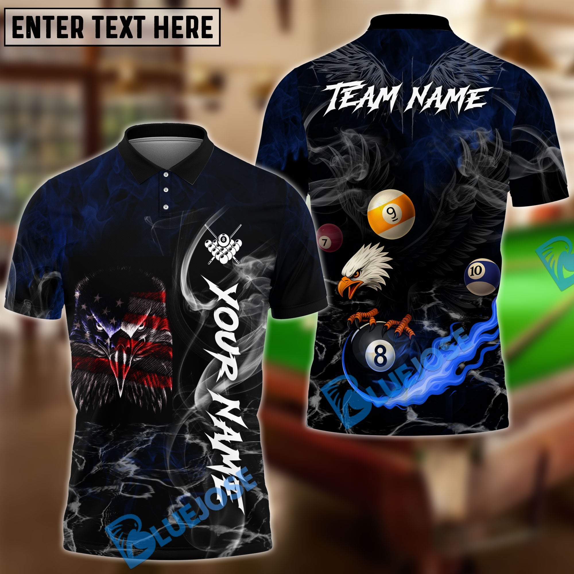 BlueJose Billiards Ball 8 American Flag Eagle Black Fire Personalized Name Shirt (4 Colors)