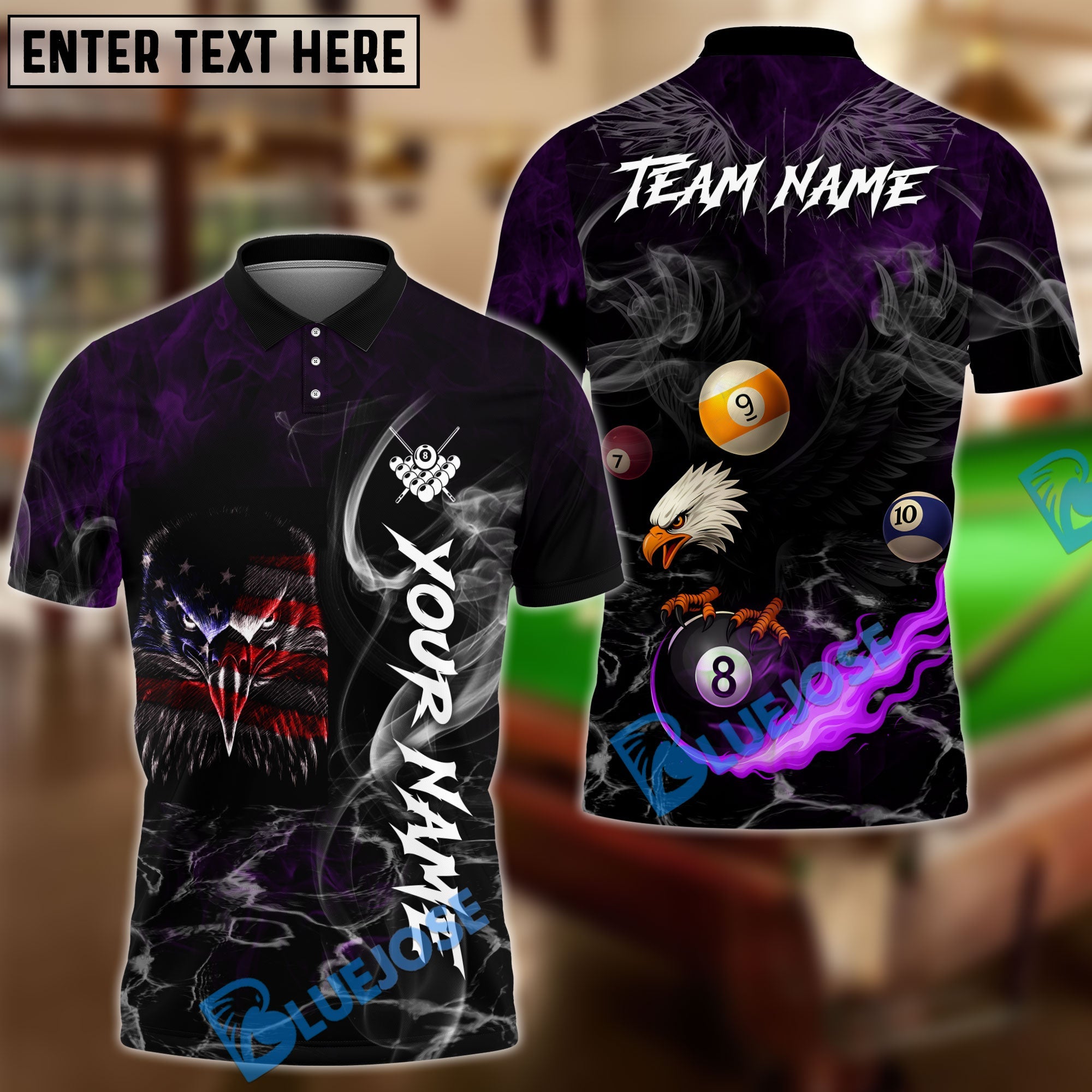 BlueJose Billiards Ball 8 American Flag Eagle Black Fire Personalized Name Shirt (4 Colors)