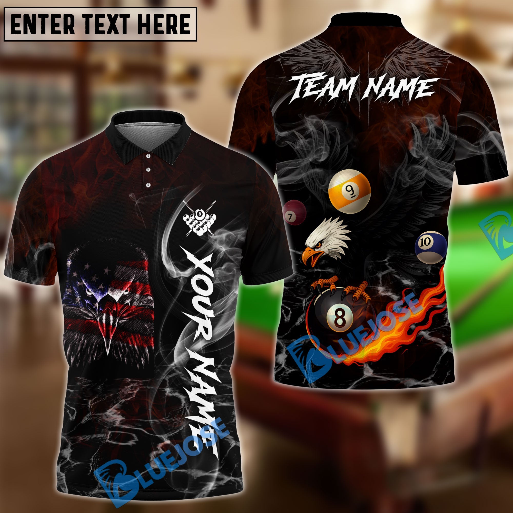 BlueJose Billiards Ball 8 American Flag Eagle Black Fire Personalized Name Shirt (4 Colors)