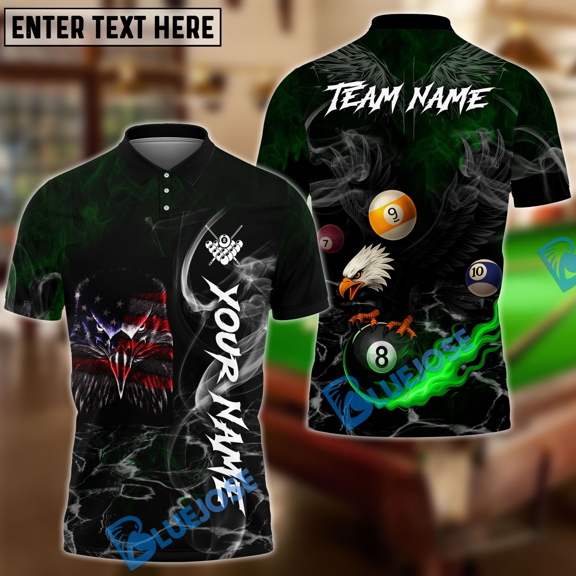 BlueJose Billiards Ball 8 American Flag Eagle Black Fire Personalized Name Shirt (4 Colors)