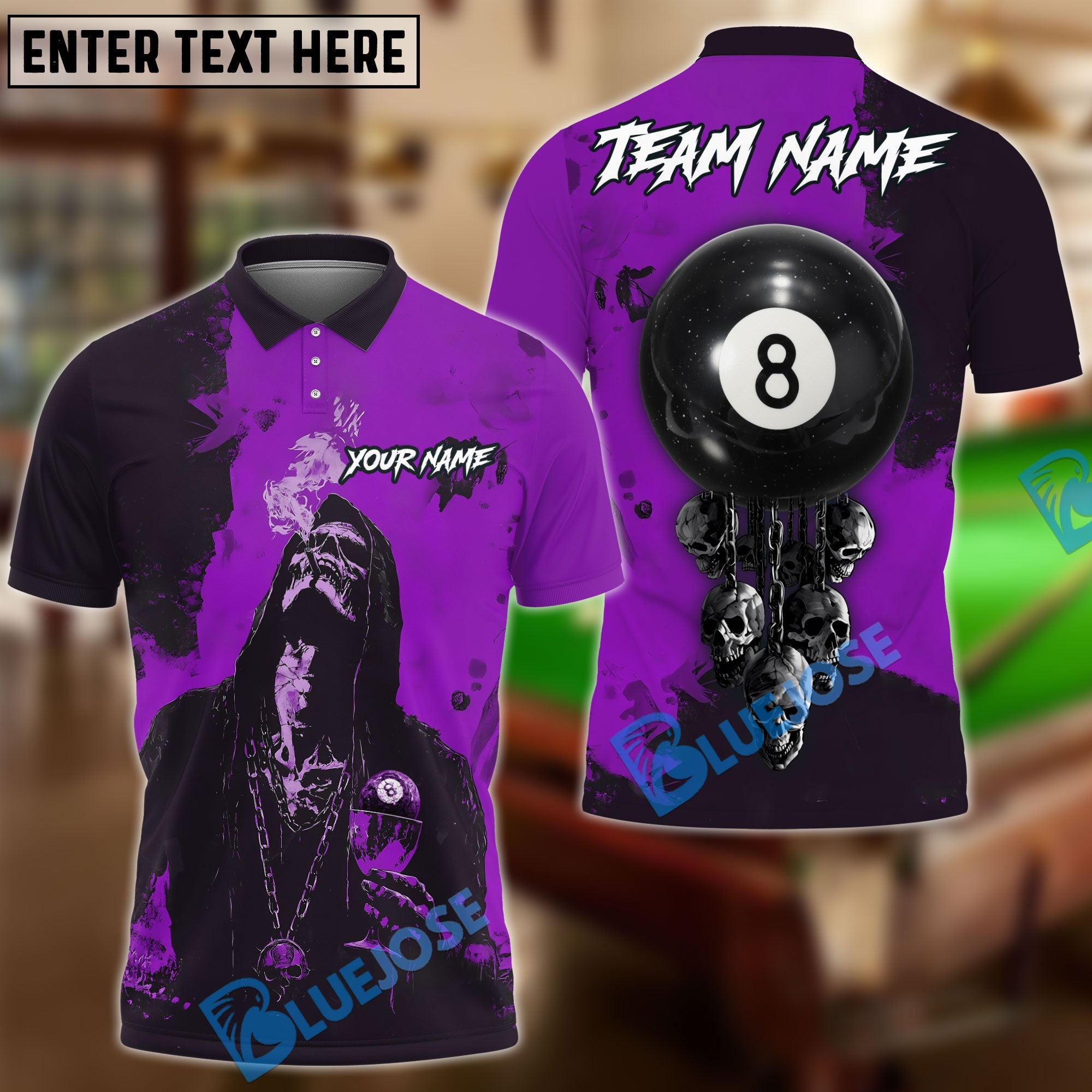 BlueJose Billiards Ball 8 Smoke Drink Chain Skull Personalized Name Shirt (4 Colors)