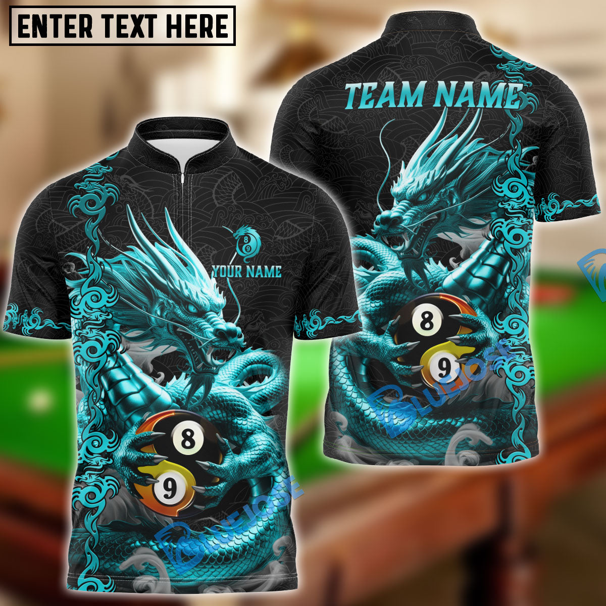 BlueJose Billiards 8 Ball 9 Ball Golden Dragon Yin And Yang Personalized Name Shirt (4 Colors)