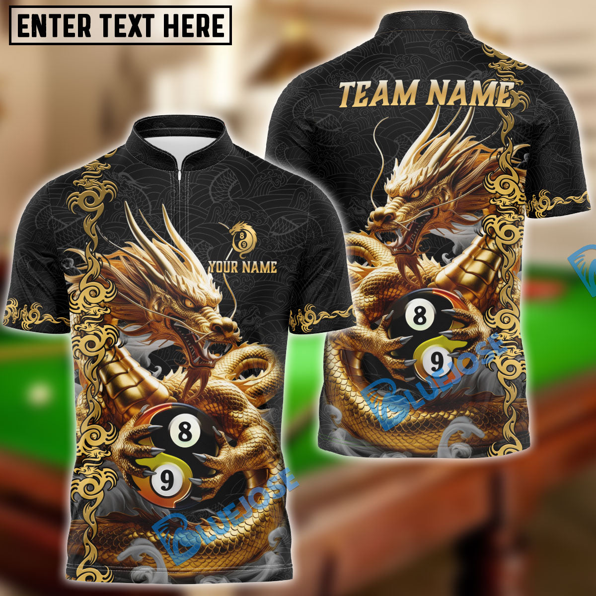 BlueJose Billiards 8 Ball 9 Ball Golden Dragon Yin And Yang Personalized Name Shirt (4 Colors)