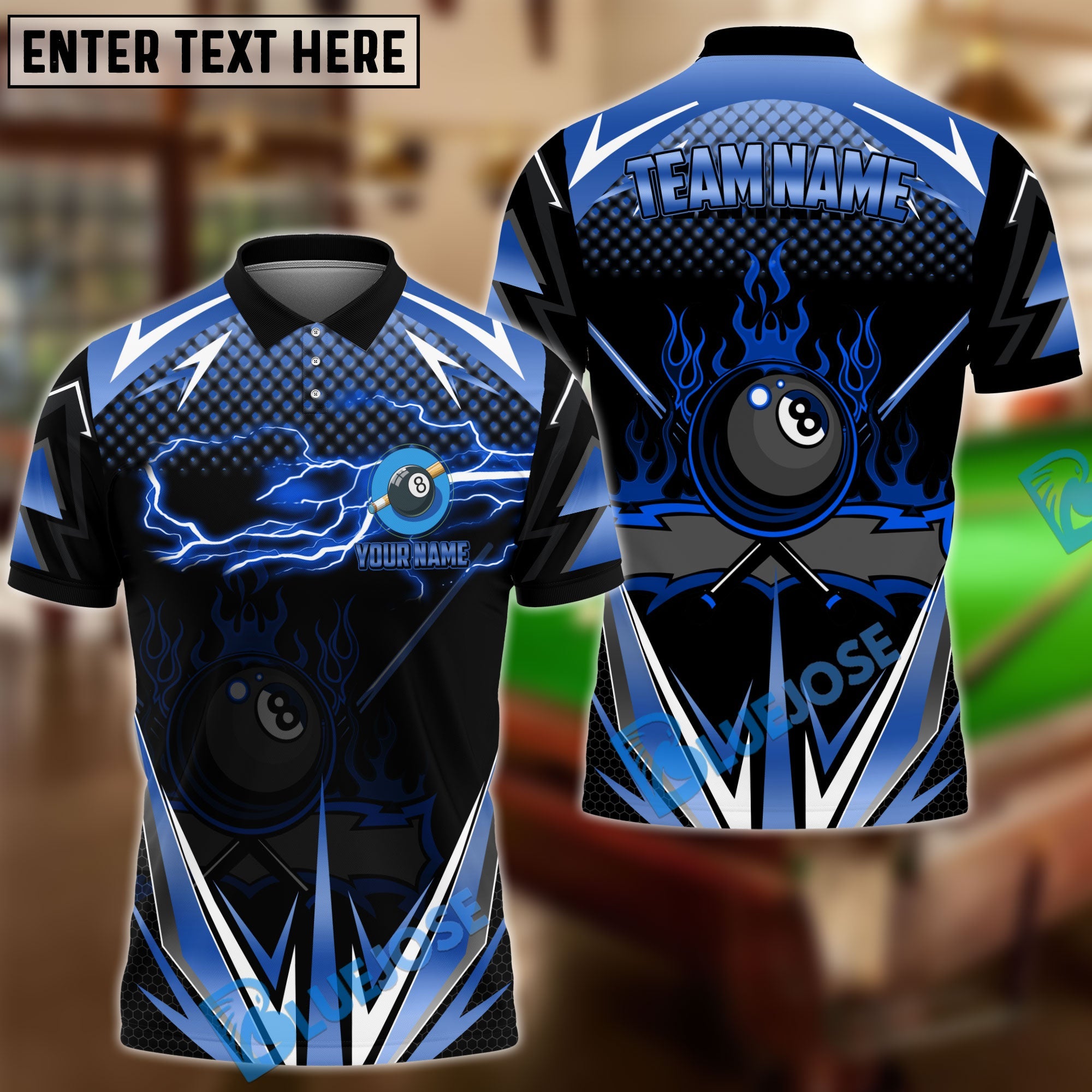 BlueJose Billiards Golden Inferno Power 8-Ball Pool Personalized Name Shirt (4 Colors)