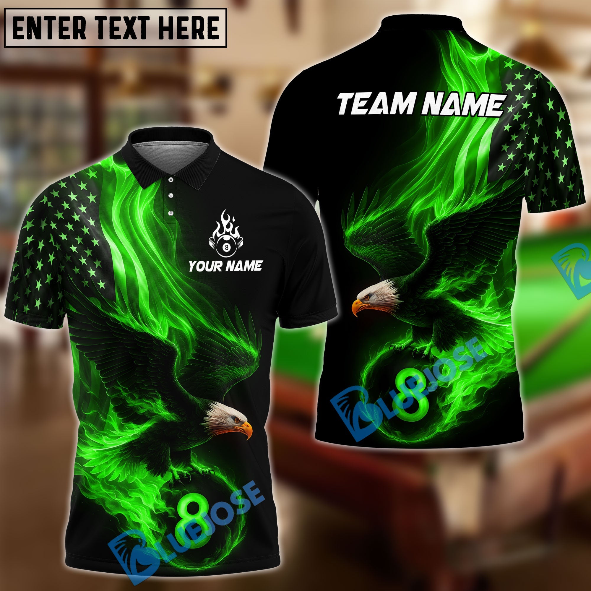 BlueJose Billiards Ball 8 Eagle Flag Flame Personalized Name Shirt (4 Colors)