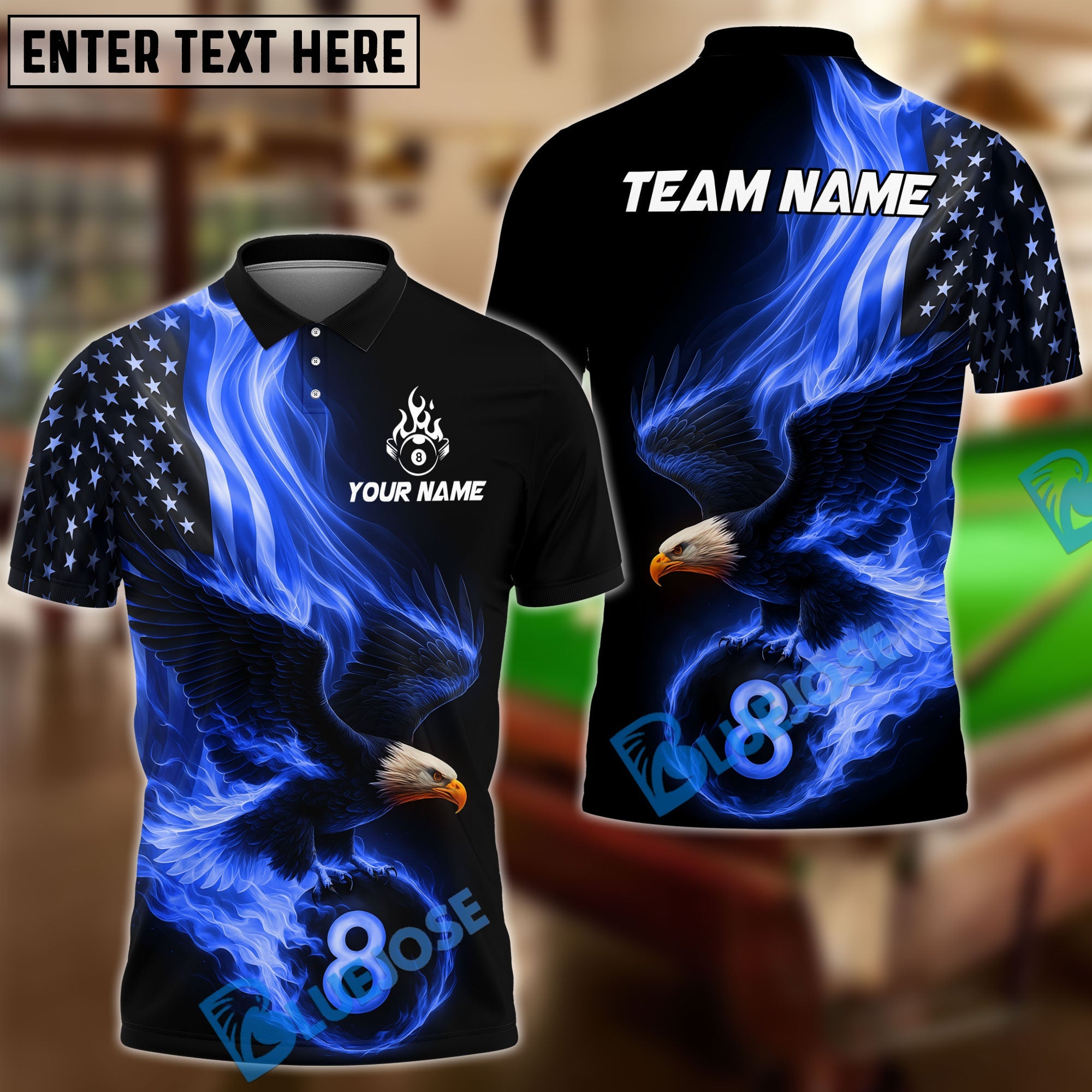 BlueJose Billiards Ball 8 Eagle Flag Flame Personalized Name Shirt (4 Colors)