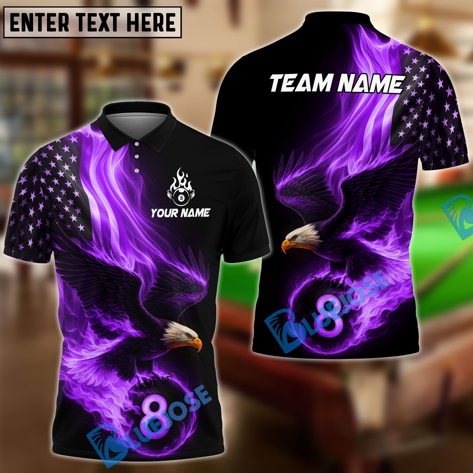 BlueJose Billiards Ball 8 Eagle Flag Flame Personalized Name Shirt (4 Colors)