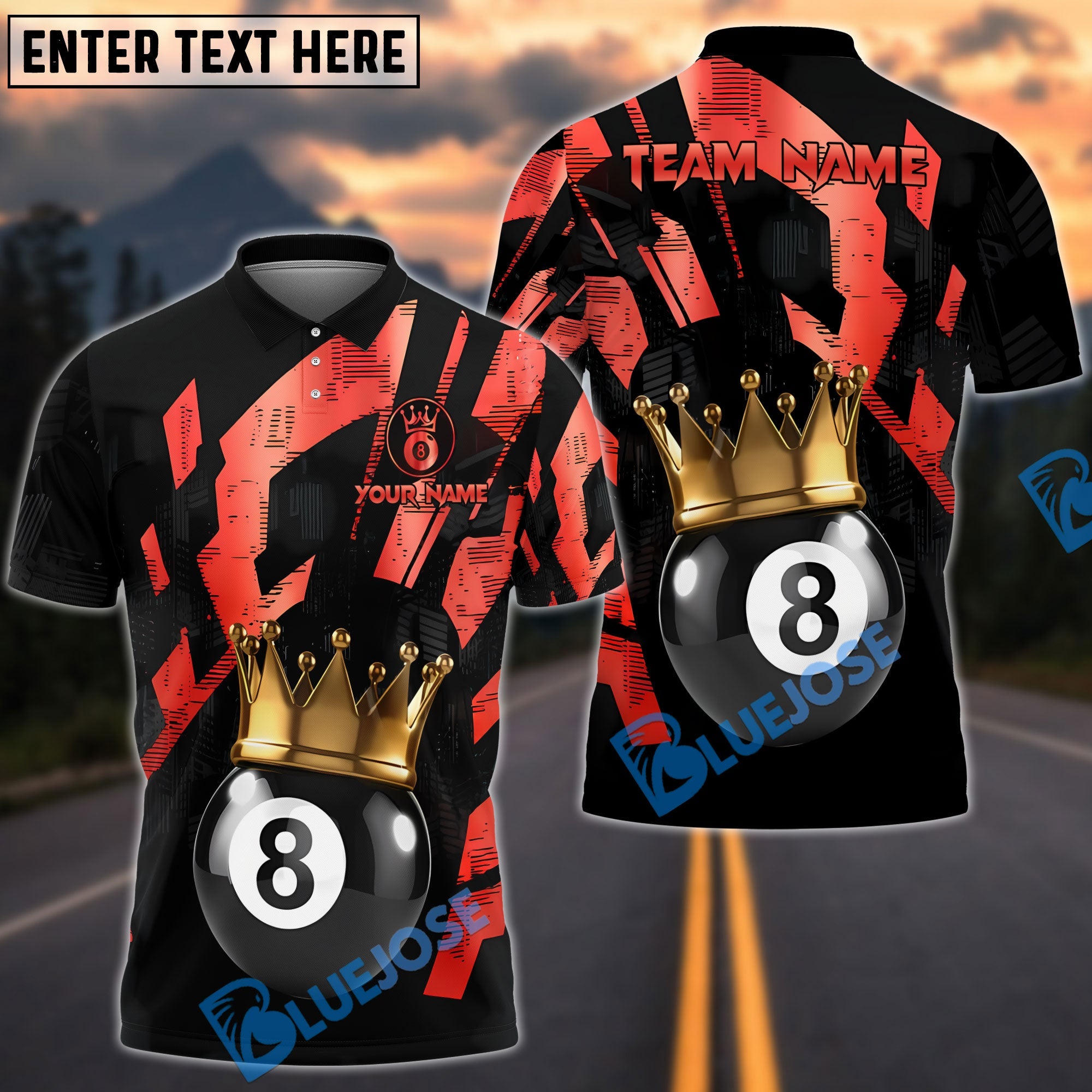 BlueJose Billiards Golden 8-Ball King Personalized Name, Team Name Shirt (6 Colors)