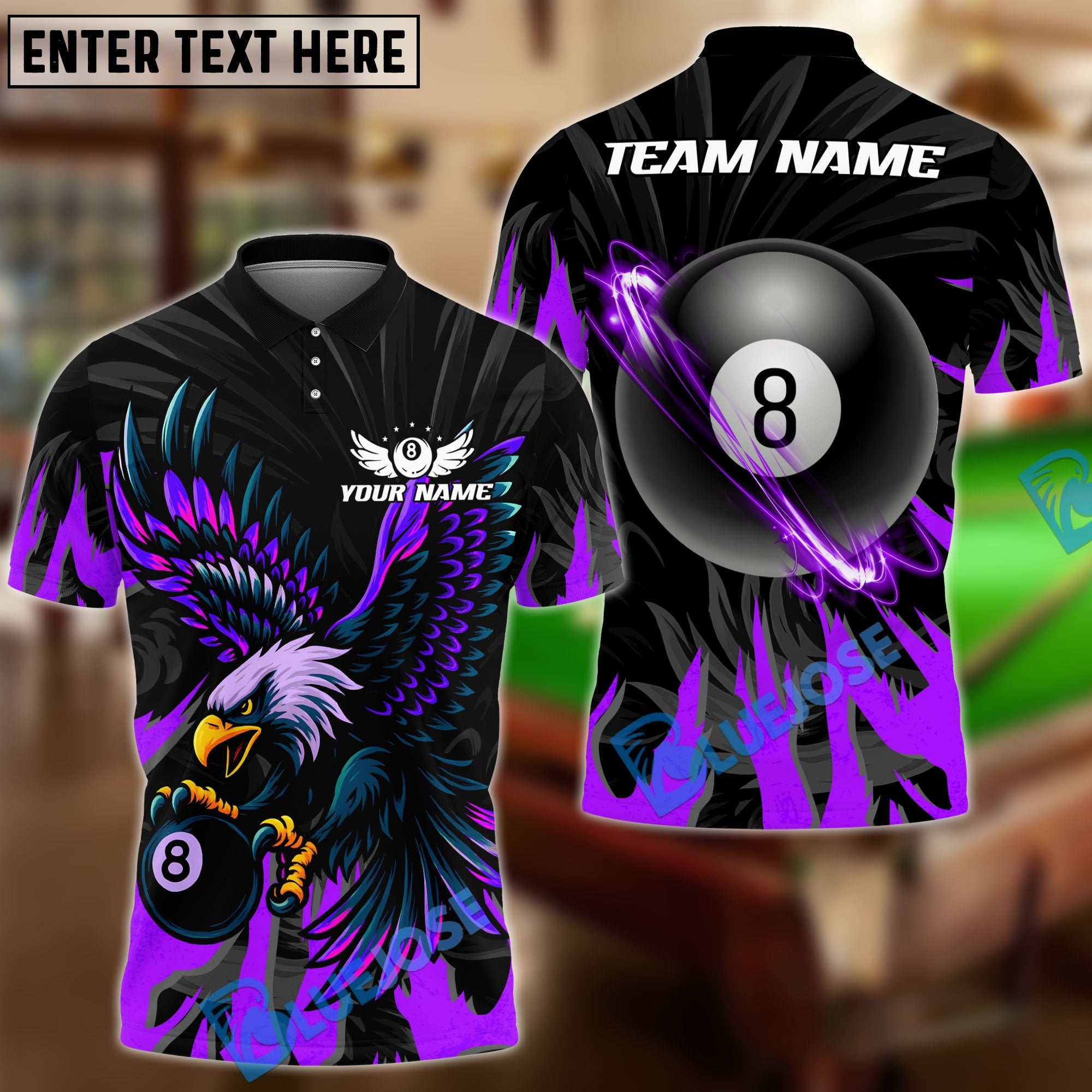 BlueJose Billiards Ball 8 Eagle Flame Personalized Name Shirt (4 Colors)