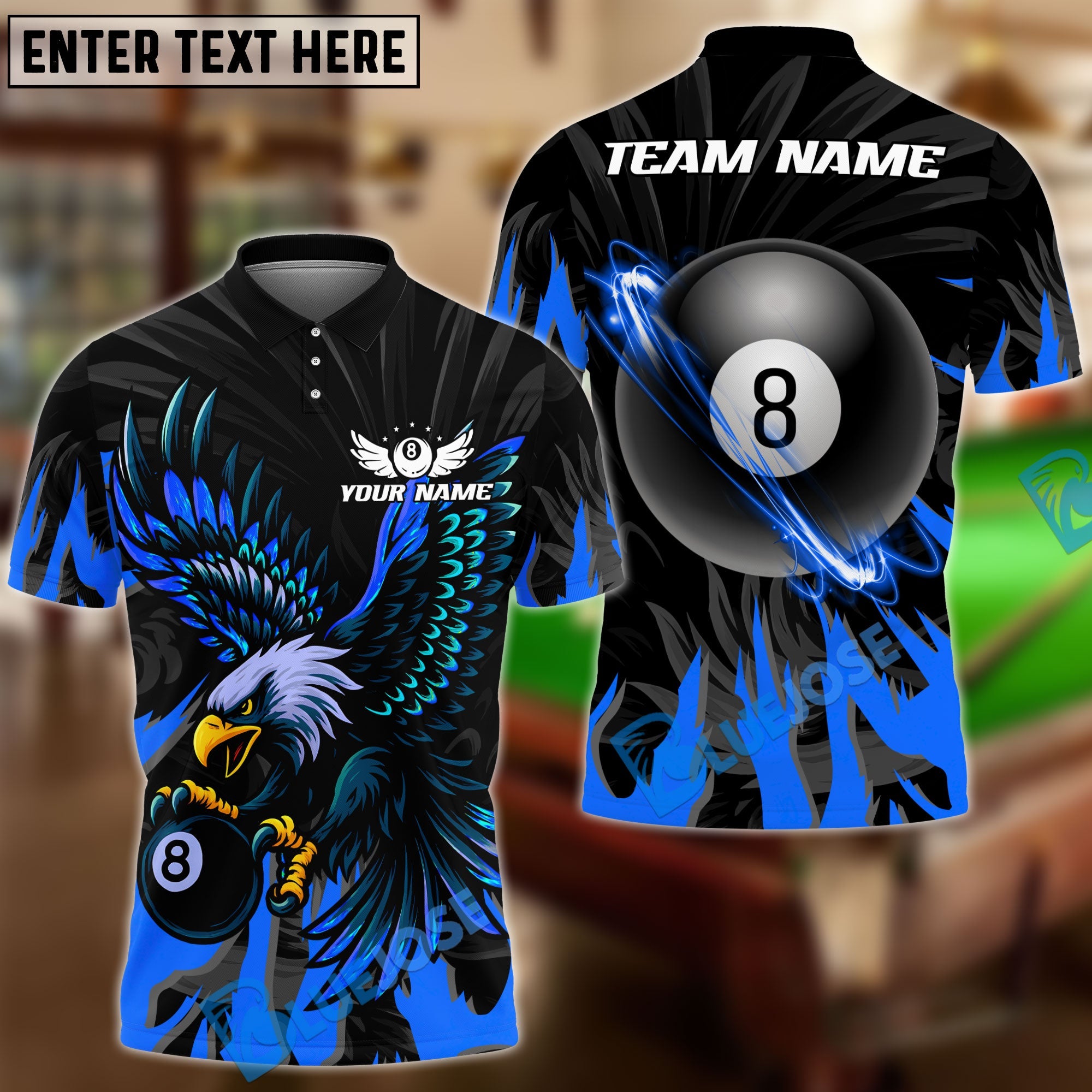 BlueJose Billiards Ball 8 Eagle Flame Personalized Name Shirt (4 Colors)