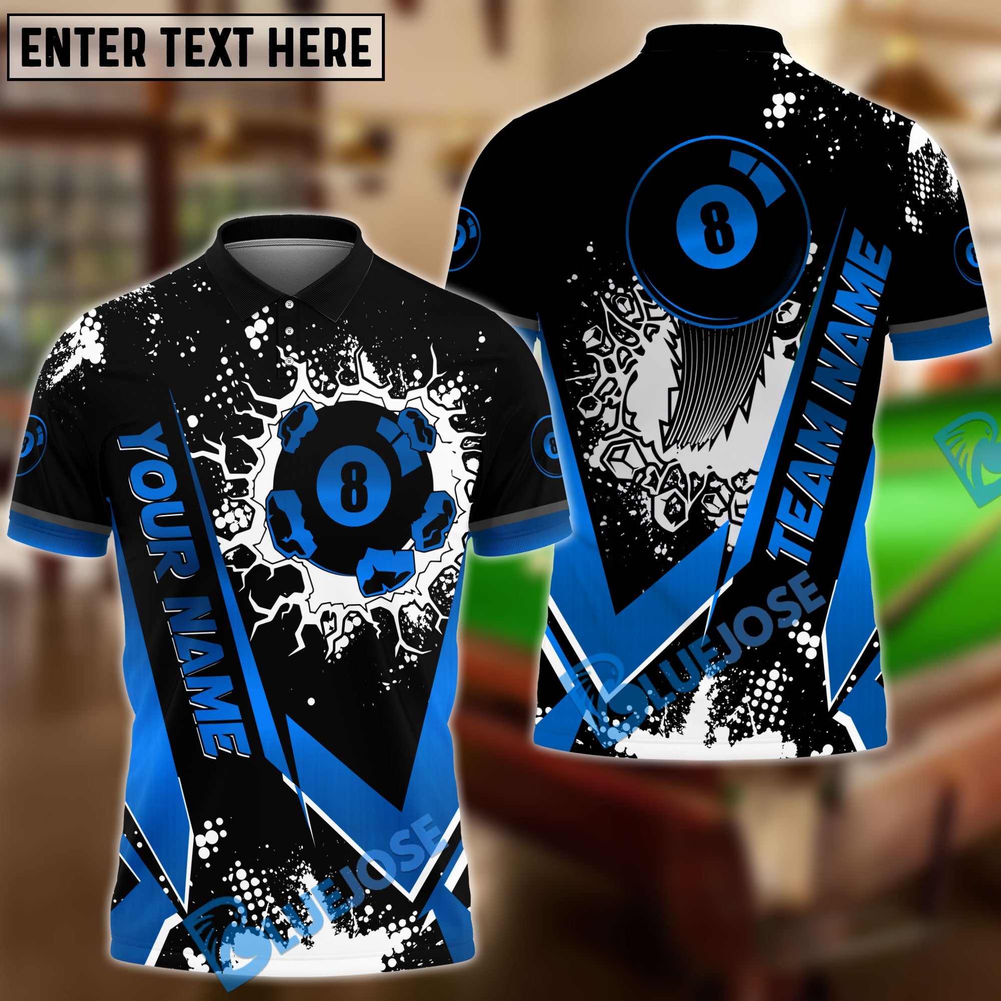 BlueJose Billiards Black Gold 8 Ball Design Personalized Name Shirt (4 Colors)