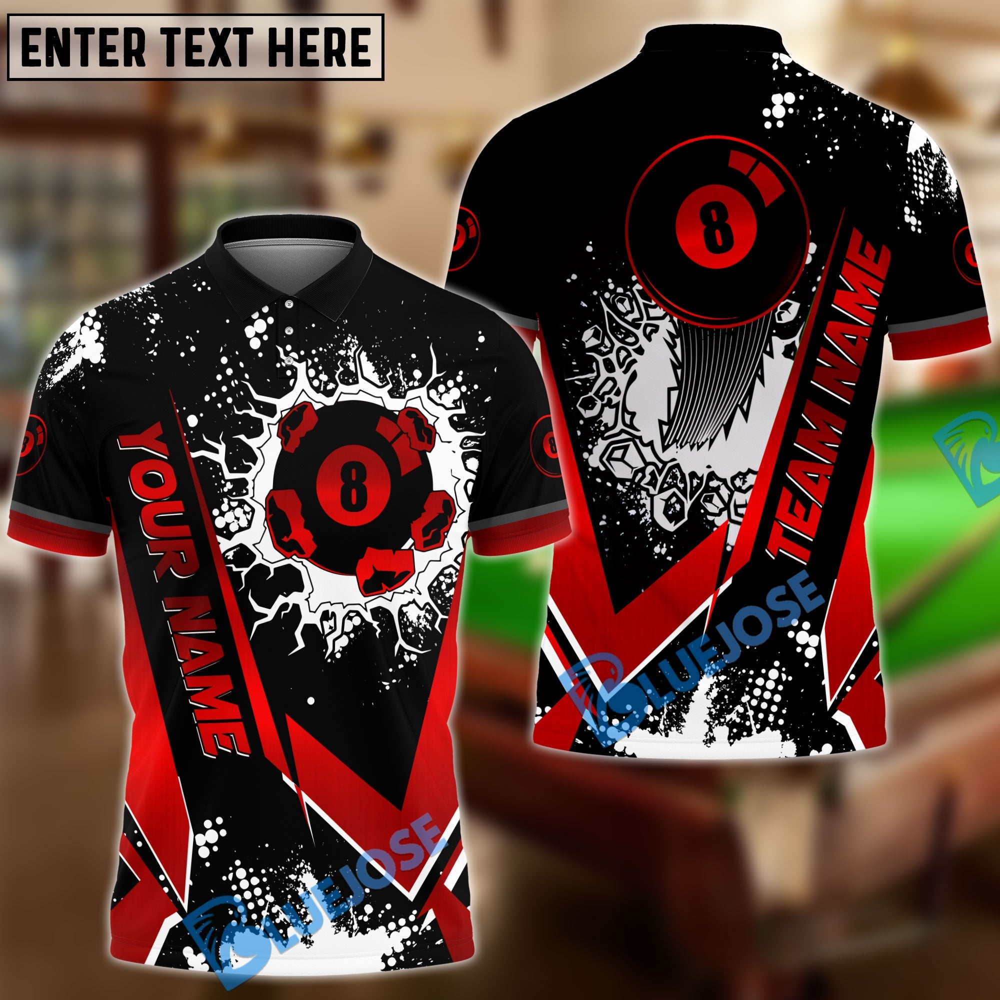 BlueJose Billiards Black Gold 8 Ball Design Personalized Name Shirt (4 Colors)