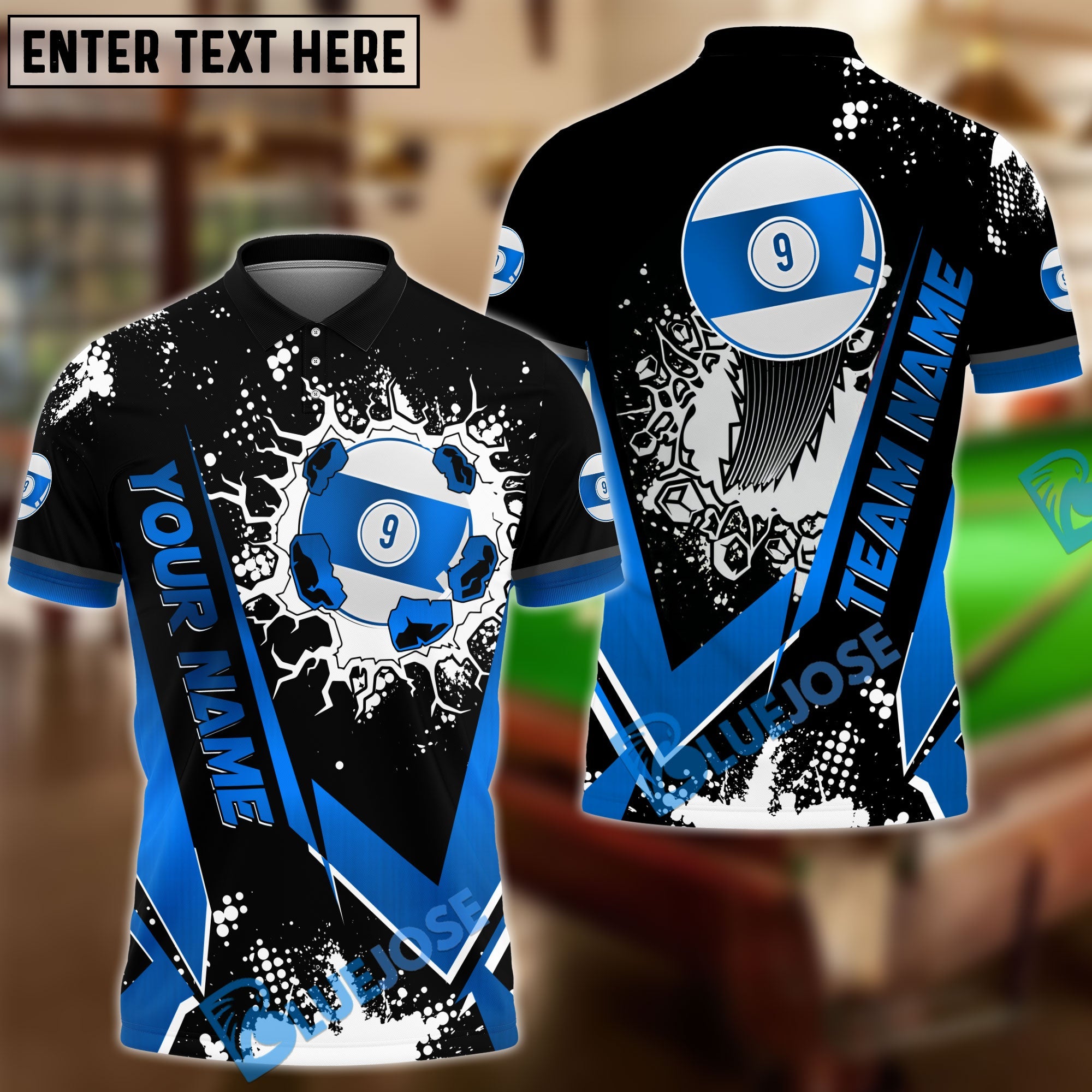 BlueJose Billiards Black Gold 9 Ball Design Personalized Name Shirt (4 Colors)