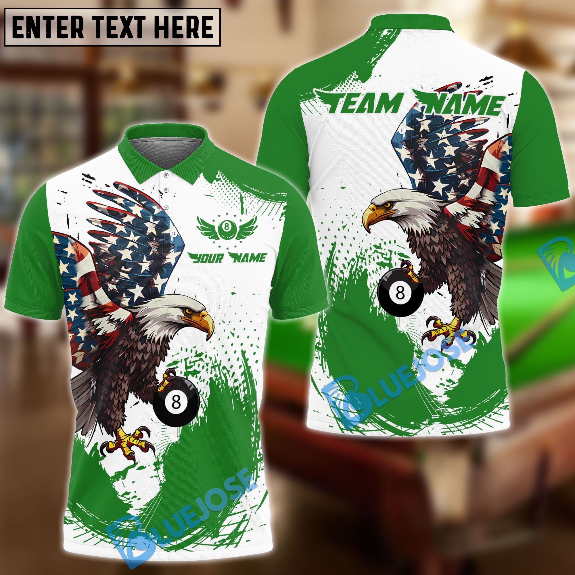 BlueJose Billiards 8-Ball Pool Eagle Paint Personalized Name Shirt (4 Colors)