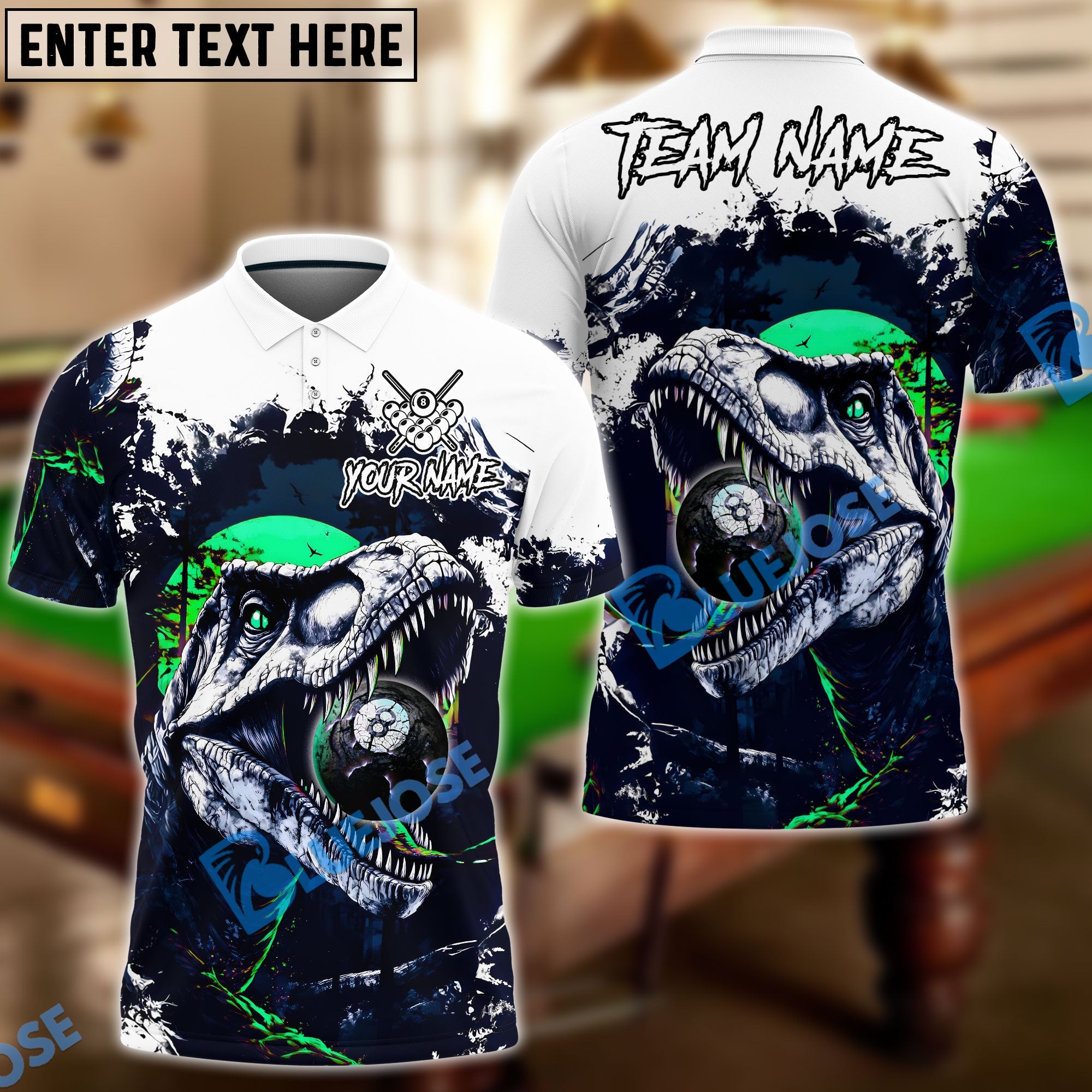 BlueJose Billiards 8-Ball T-Rex Dinosaur Personalized Name Shirt (4 Colors)
