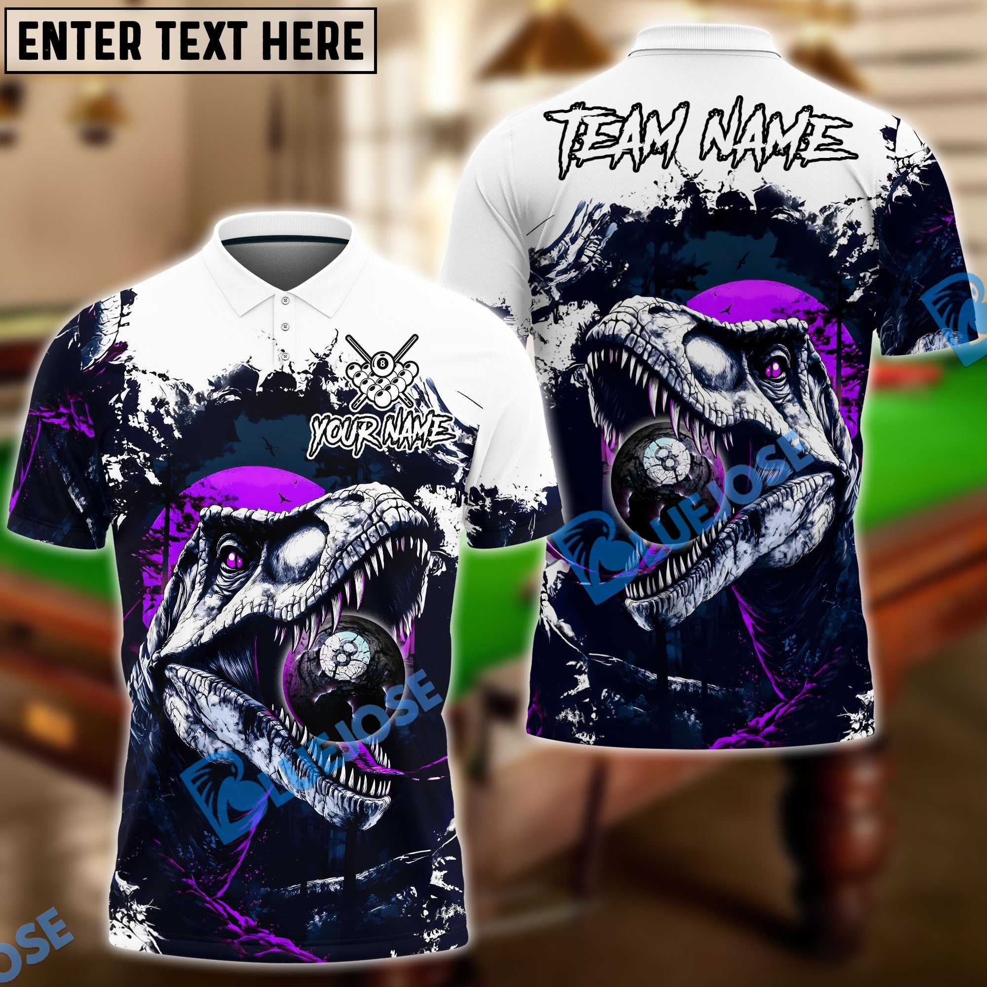 BlueJose Billiards 8-Ball T-Rex Dinosaur Personalized Name Shirt (4 Colors)