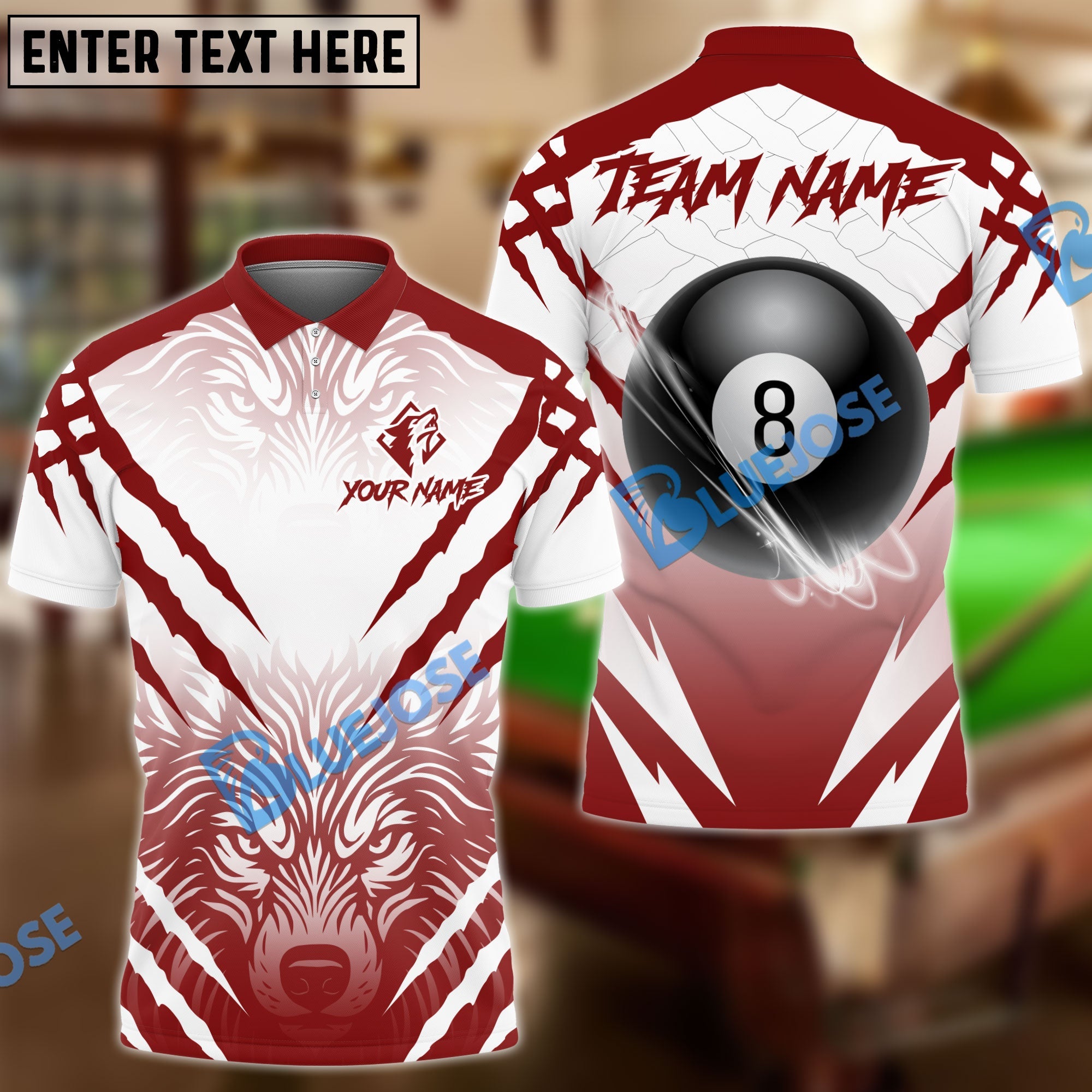 BlueJose Billiards 8-Ball Wolf Pattern Personalized Name Shirt (4 Colors)