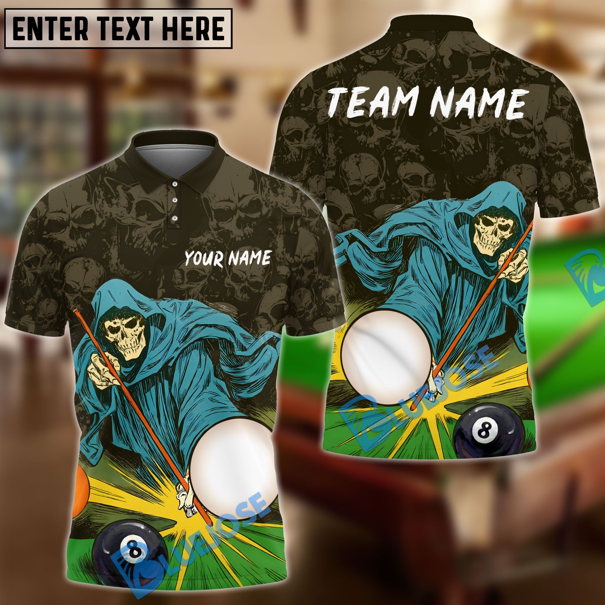 BlueJose Billiards Ball 8 Pool Reaper Comic Style Personalized Name, Team Name Unisex Shirt
